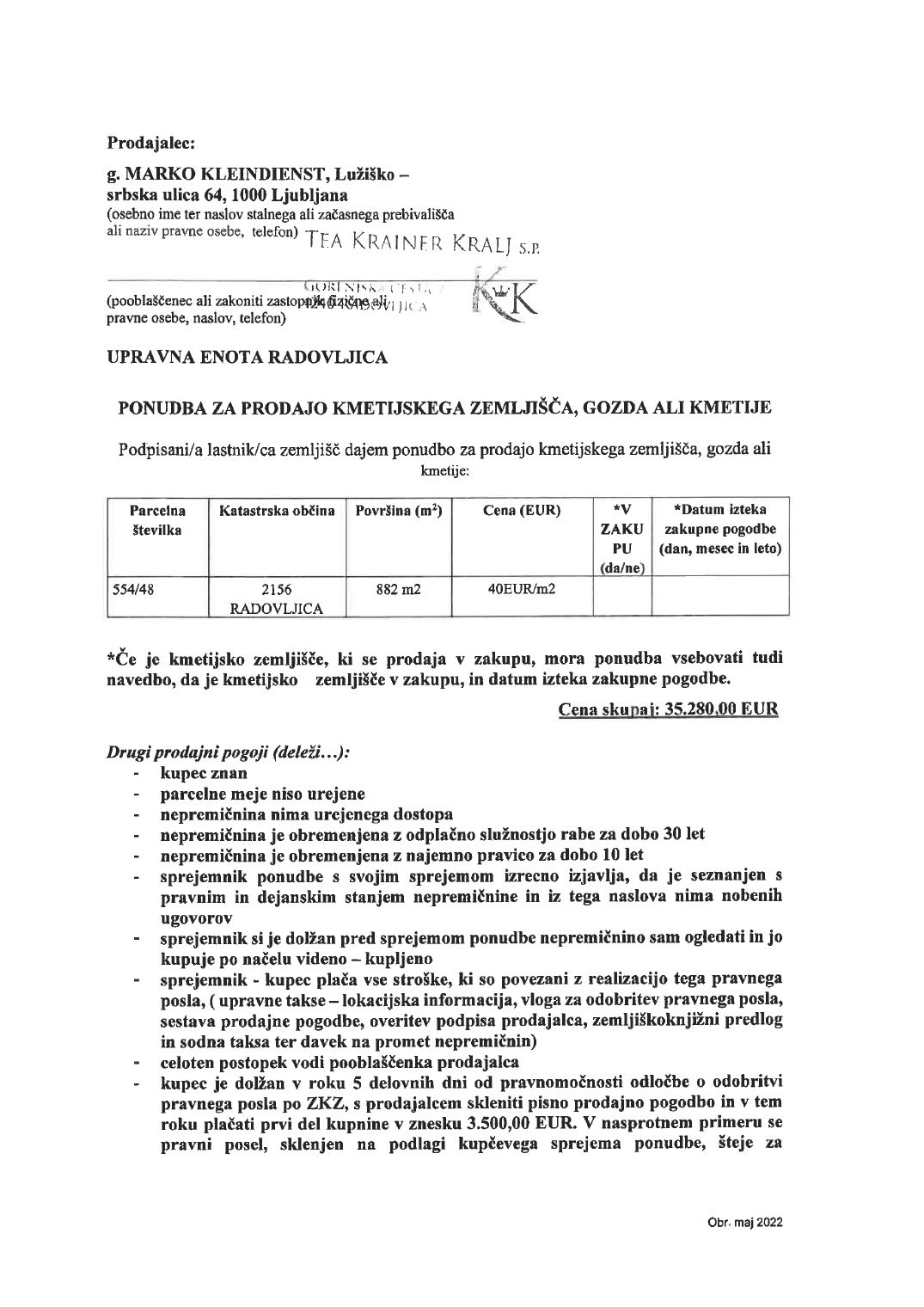 Prva stran objavljene ponudbe, kot jo je oddal prodajalec upravni enoti.