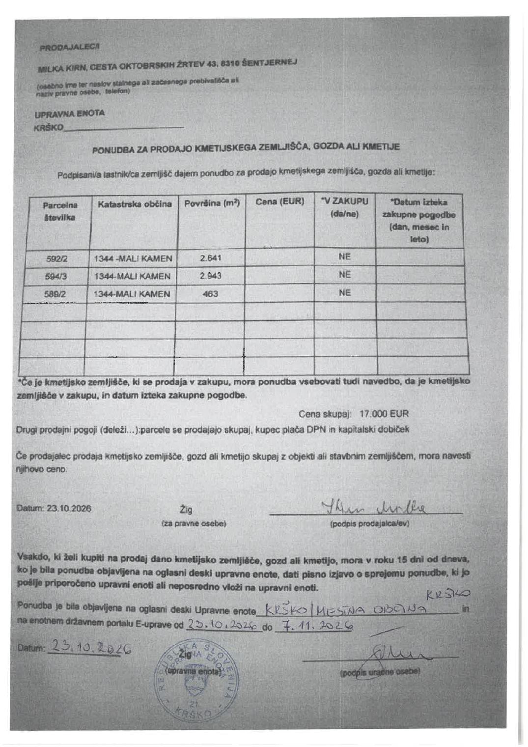 Prva stran objavljene ponudbe, kot jo je oddal prodajalec upravni enoti.