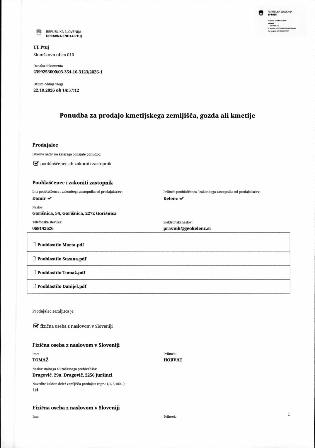 Prva stran objavljene ponudbe, kot jo je oddal prodajalec upravni enoti.