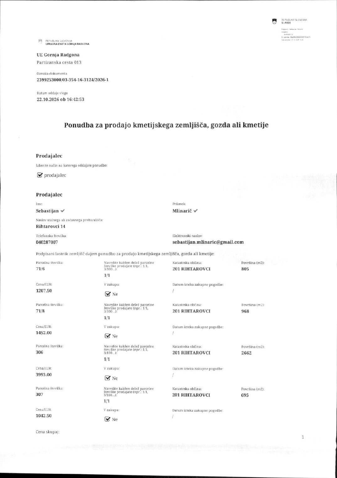 Prva stran objavljene ponudbe, kot jo je oddal prodajalec upravni enoti.