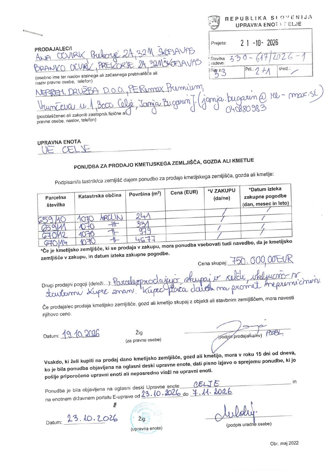 Prva stran objavljene ponudbe, kot jo je oddal prodajalec upravni enoti.