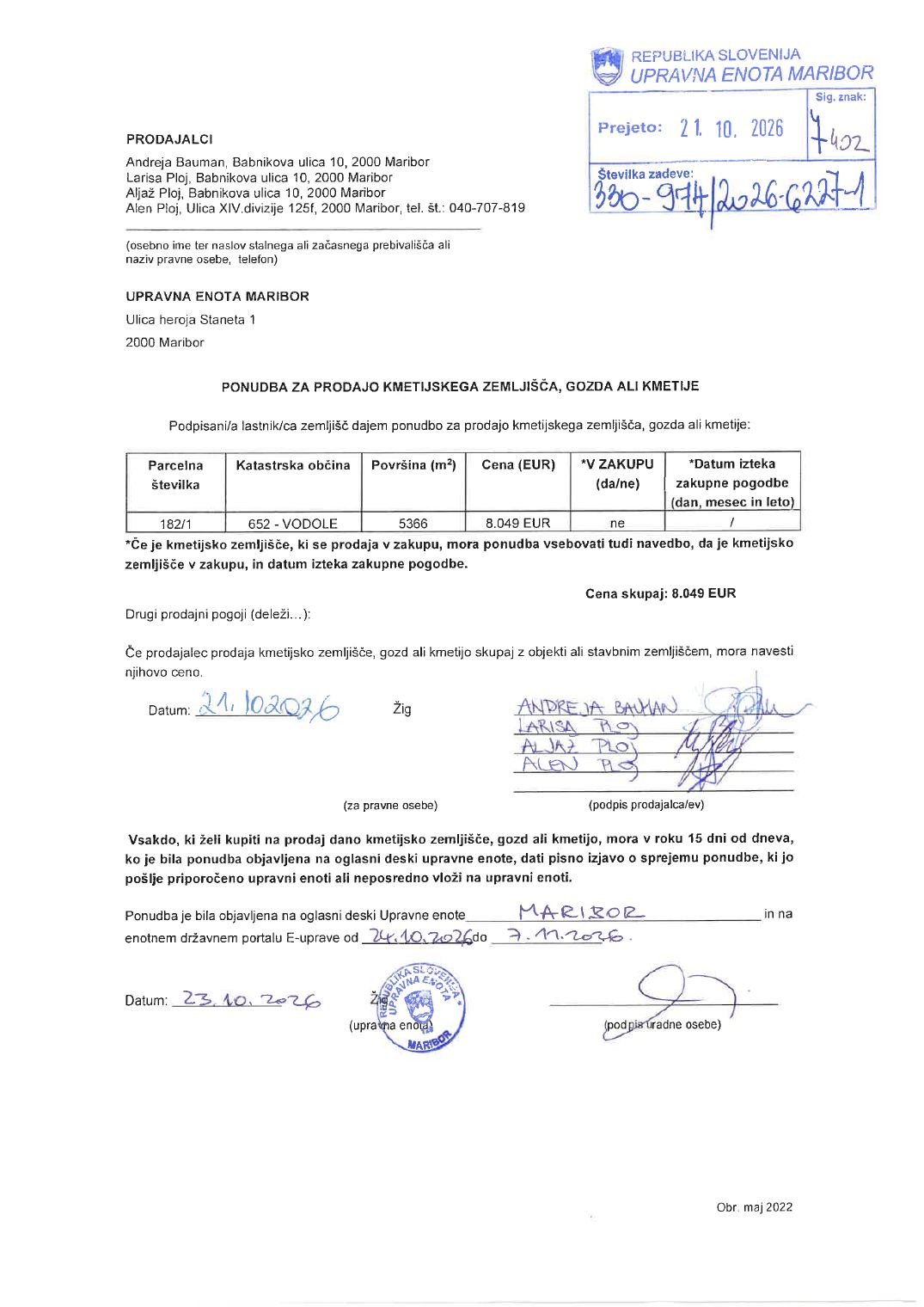 Prva stran objavljene ponudbe, kot jo je oddal prodajalec upravni enoti.