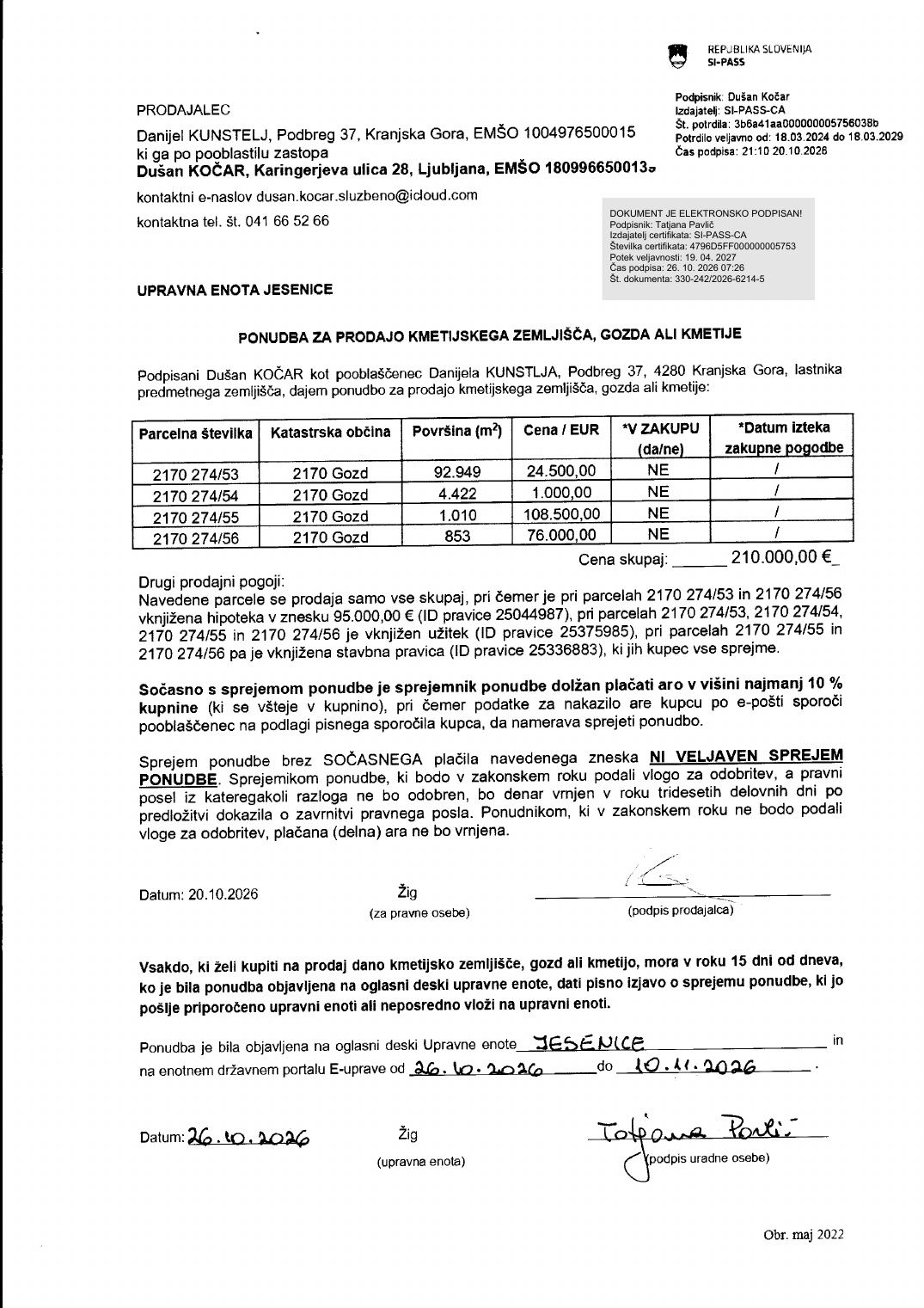 Prva stran objavljene ponudbe, kot jo je oddal prodajalec upravni enoti.
