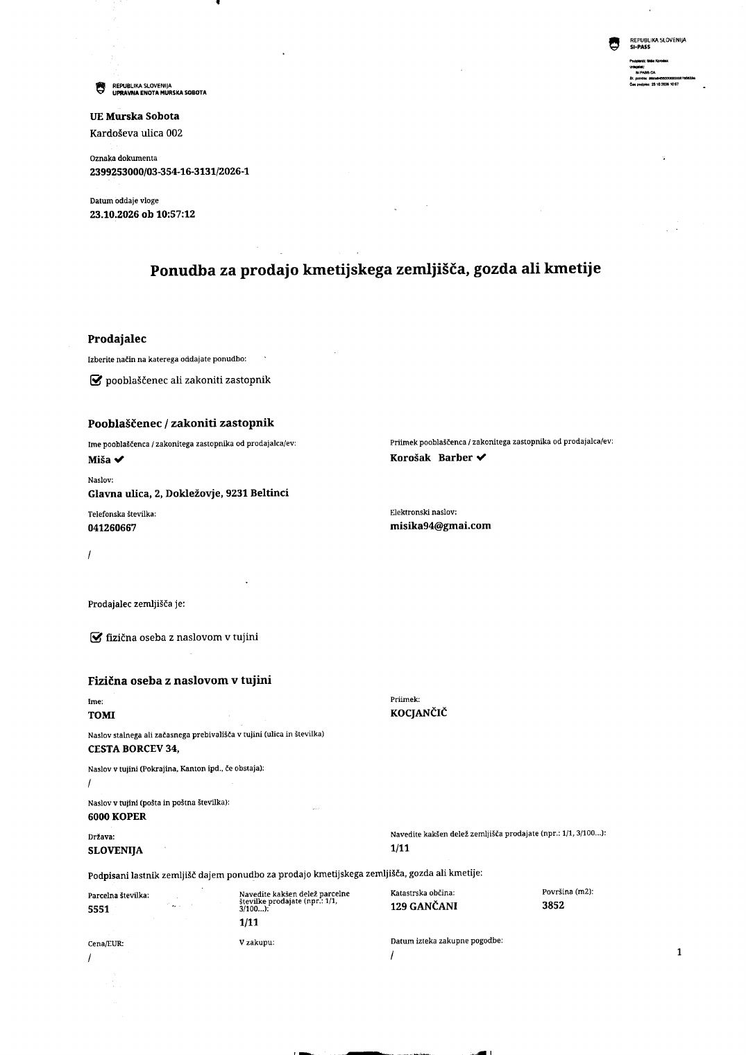 Prva stran objavljene ponudbe, kot jo je oddal prodajalec upravni enoti.