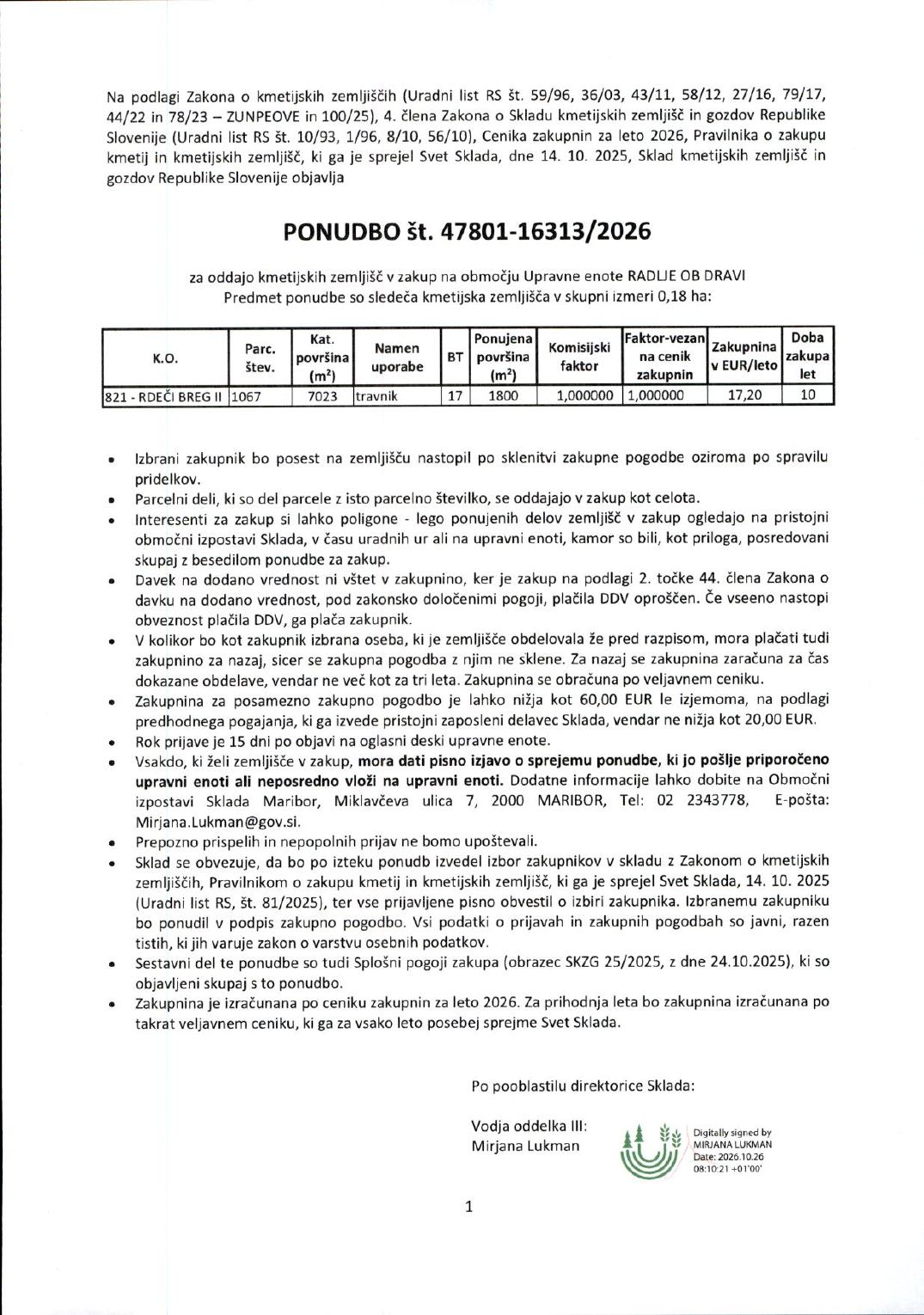 Prva stran objavljene ponudbe, kot jo je oddal prodajalec upravni enoti.