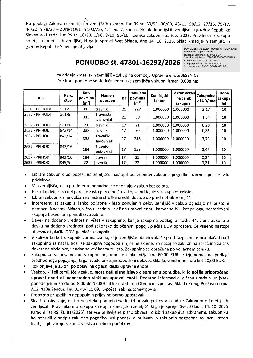 Prva stran objavljene ponudbe, kot jo je oddal prodajalec upravni enoti.