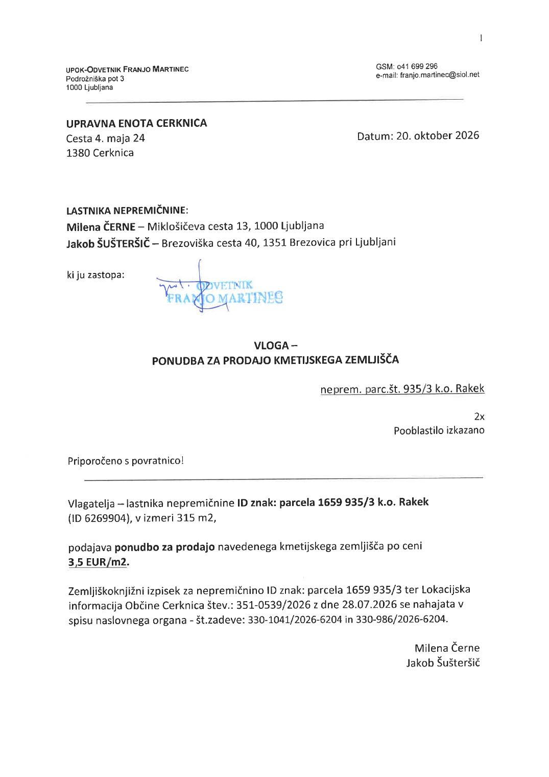 Prva stran objavljene ponudbe, kot jo je oddal prodajalec upravni enoti.