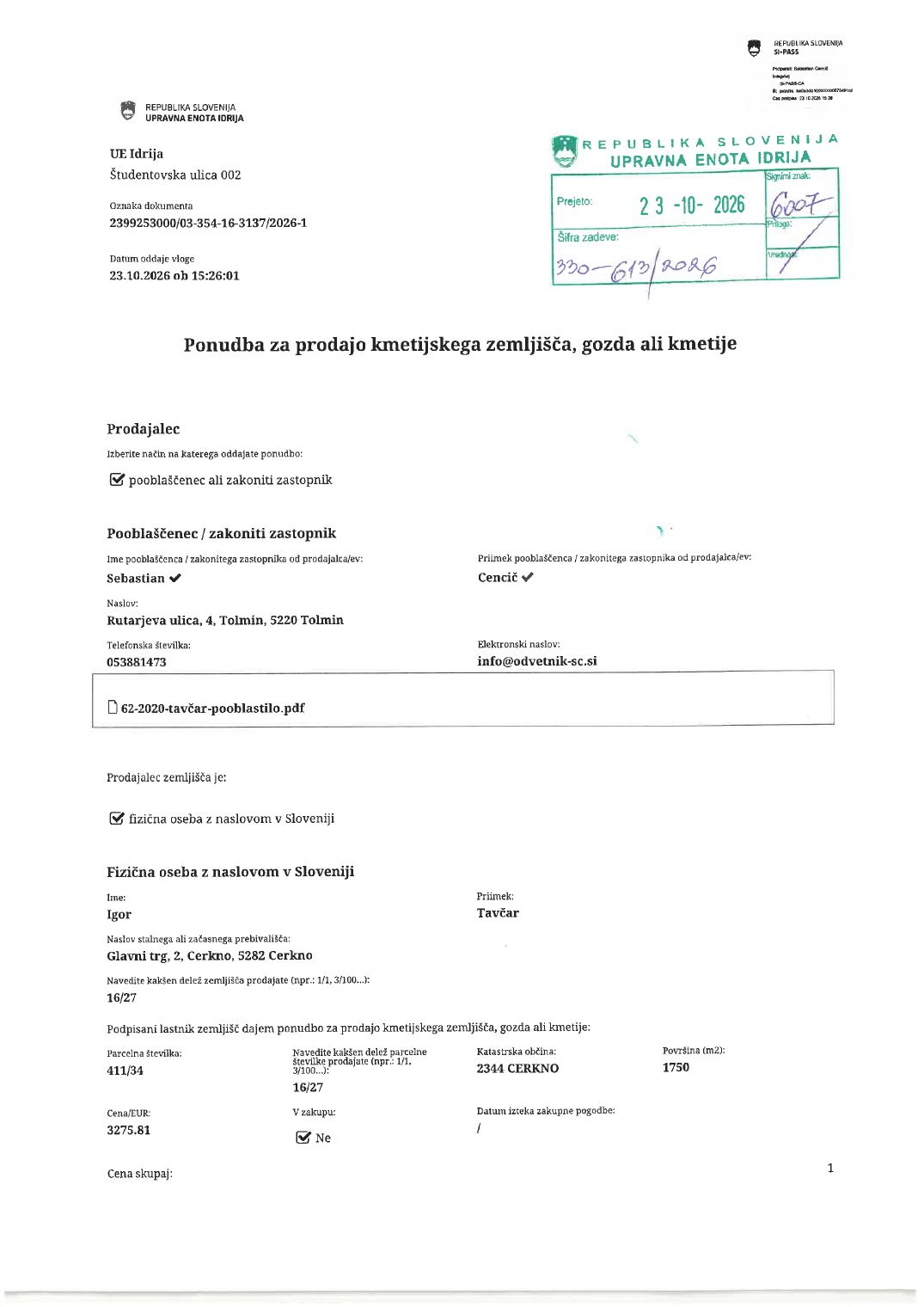 Prva stran objavljene ponudbe, kot jo je oddal prodajalec upravni enoti.