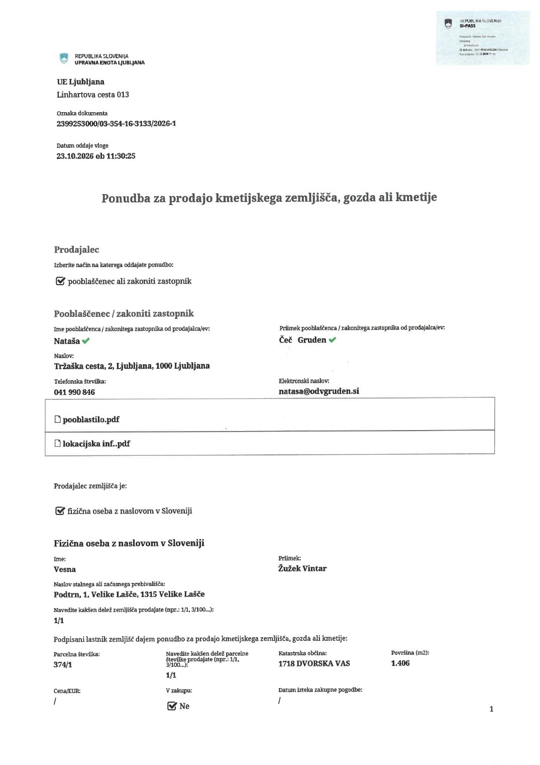 Prva stran objavljene ponudbe, kot jo je oddal prodajalec upravni enoti.