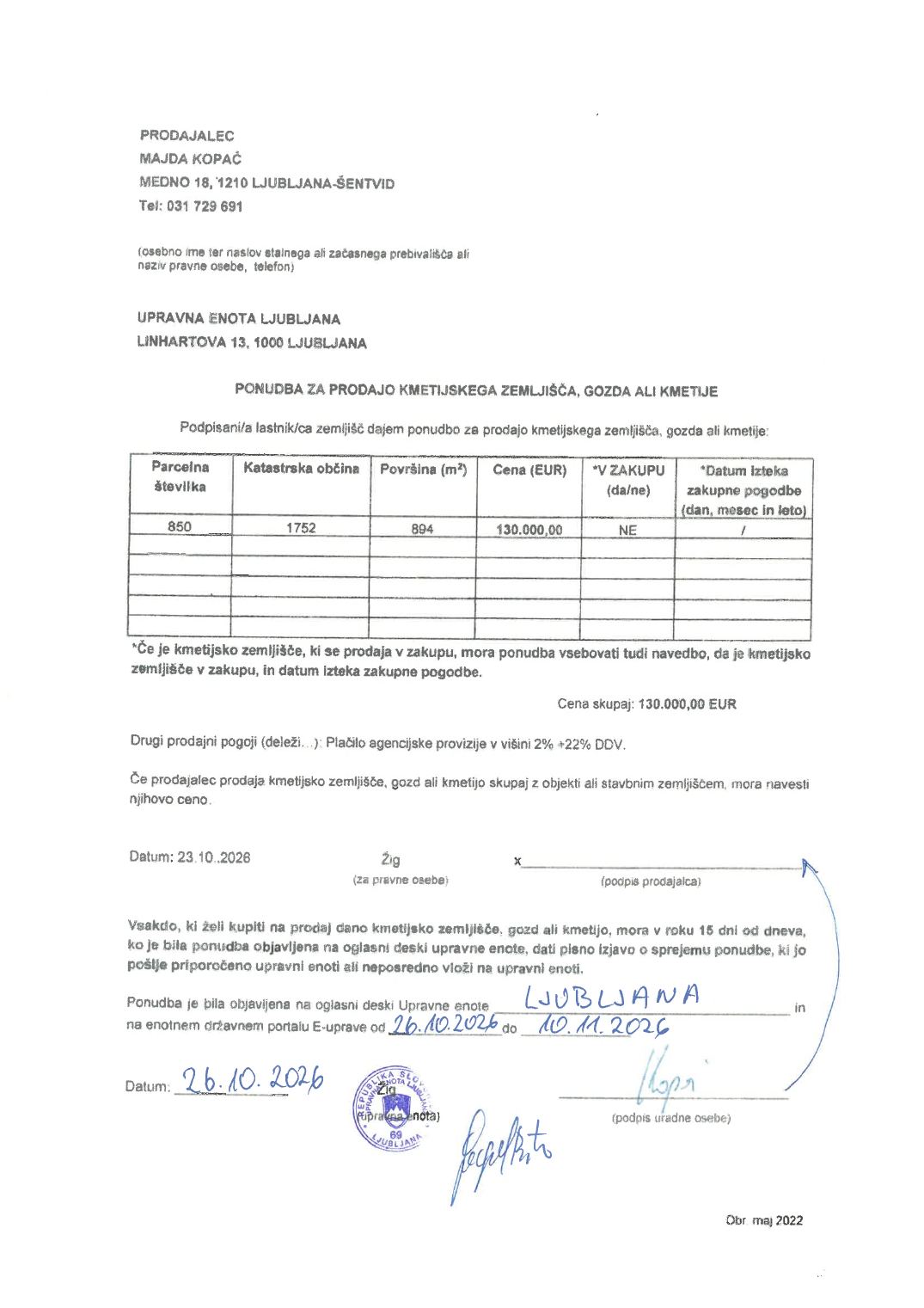 Prva stran objavljene ponudbe, kot jo je oddal prodajalec upravni enoti.