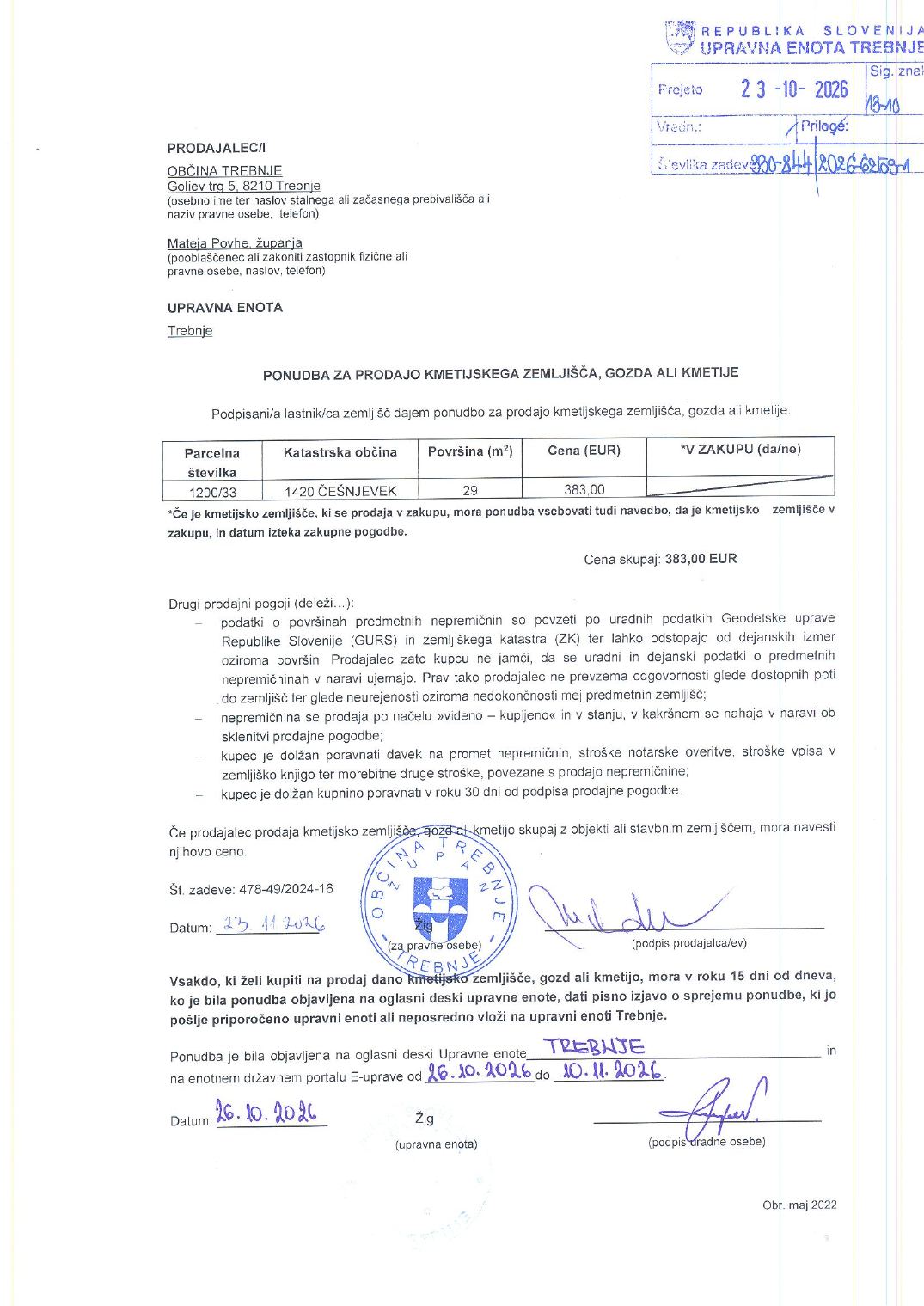 Prva stran objavljene ponudbe, kot jo je oddal prodajalec upravni enoti.