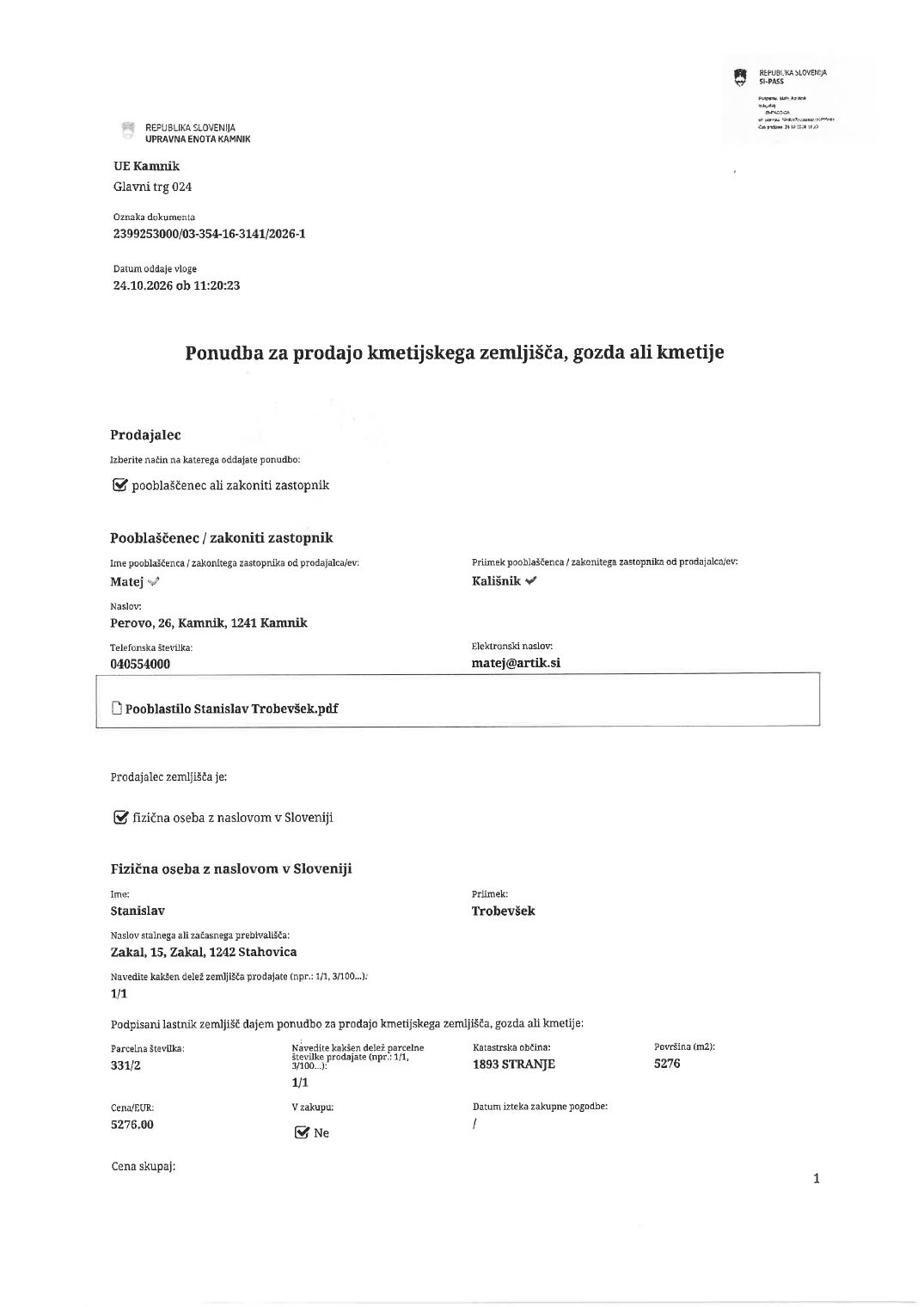 Prva stran objavljene ponudbe, kot jo je oddal prodajalec upravni enoti.