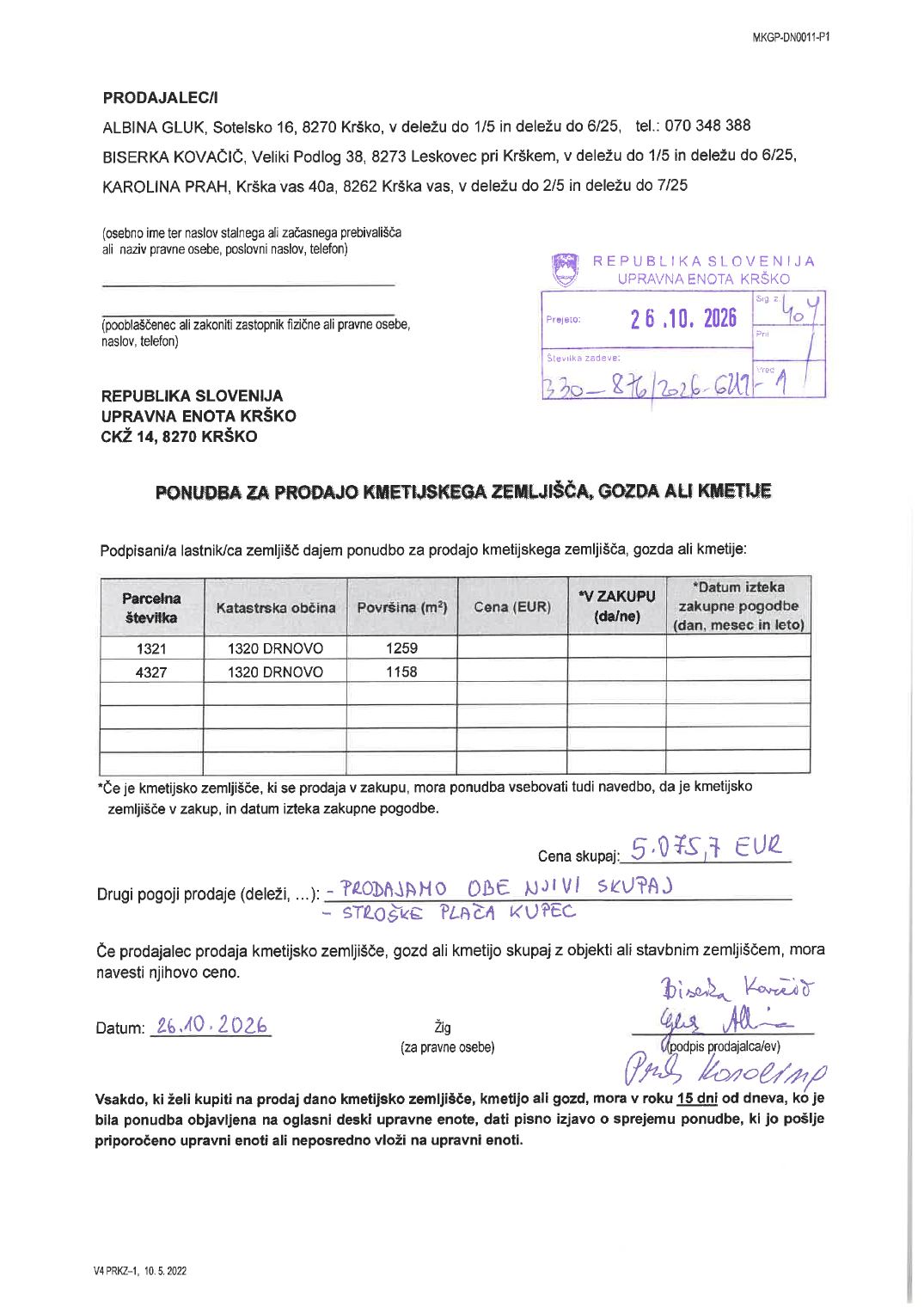 Prva stran objavljene ponudbe, kot jo je oddal prodajalec upravni enoti.