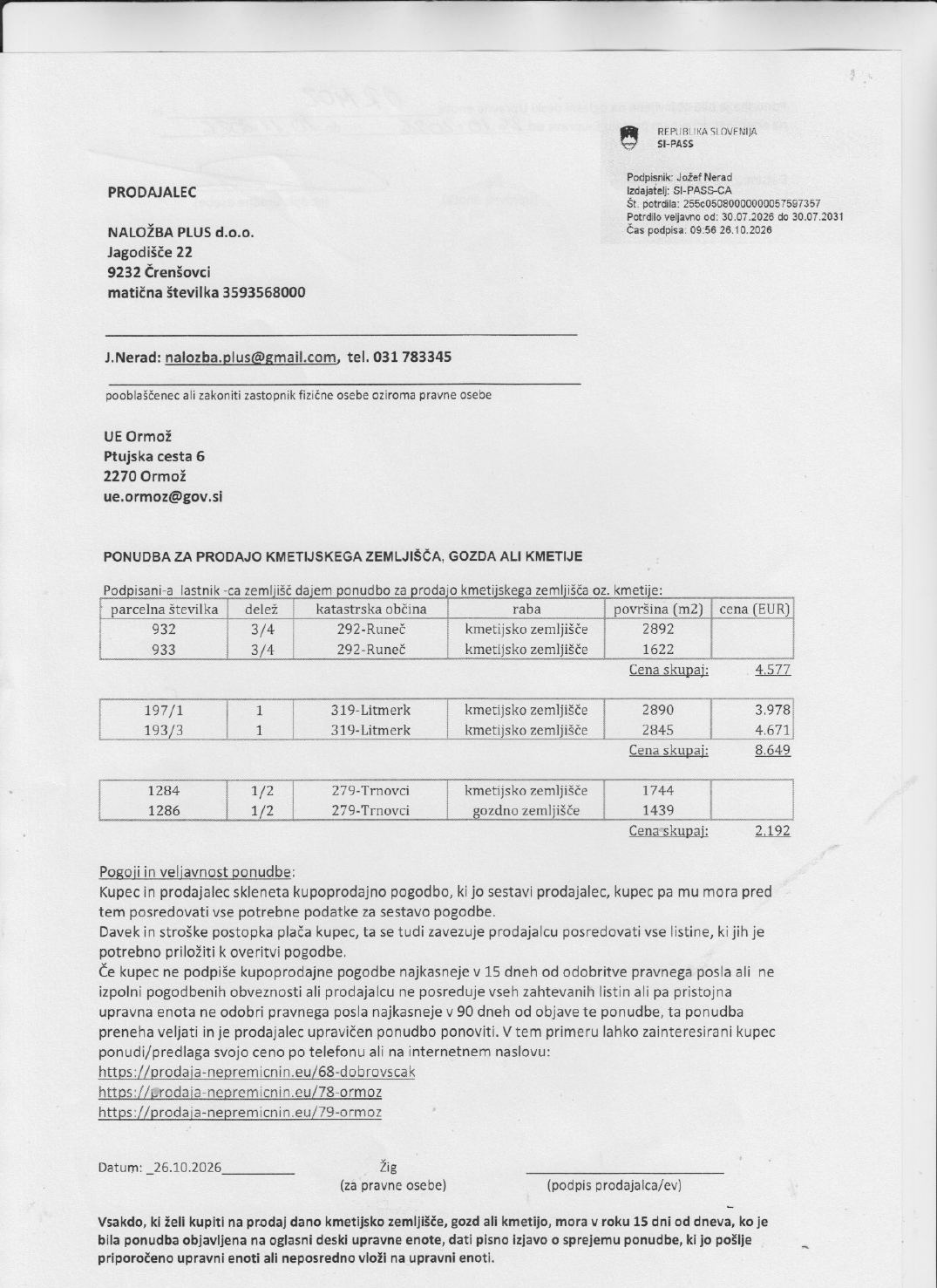 Prva stran objavljene ponudbe, kot jo je oddal prodajalec upravni enoti.