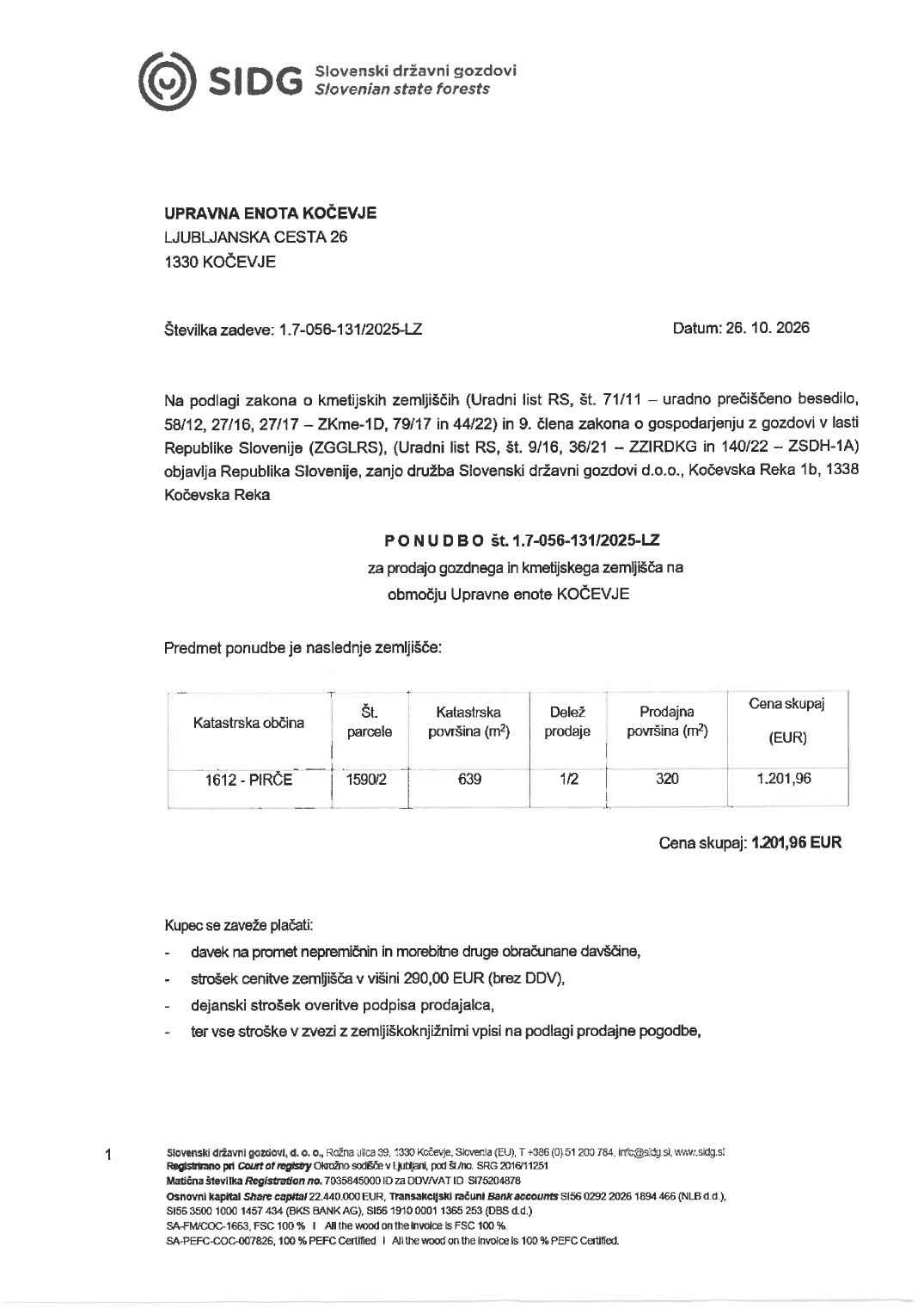 Prva stran objavljene ponudbe, kot jo je oddal prodajalec upravni enoti.