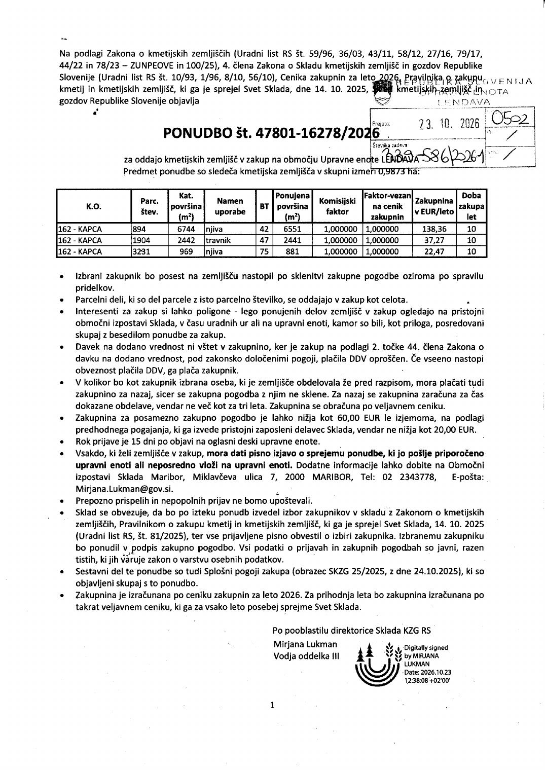 Prva stran objavljene ponudbe, kot jo je oddal prodajalec upravni enoti.