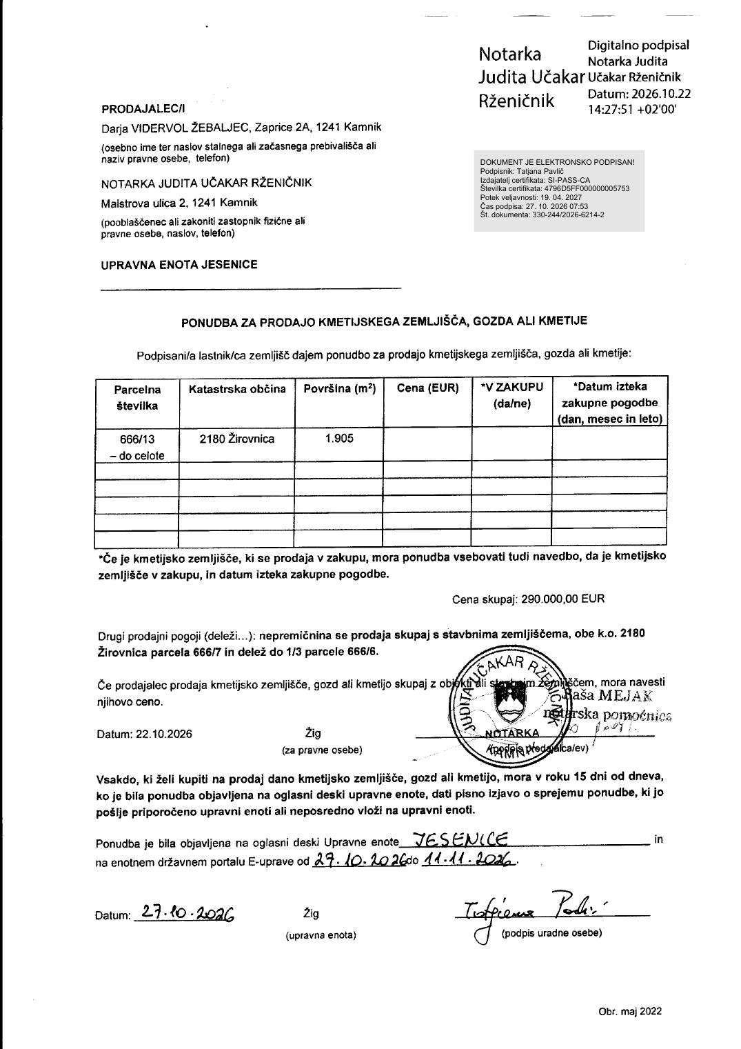 Prva stran objavljene ponudbe, kot jo je oddal prodajalec upravni enoti.