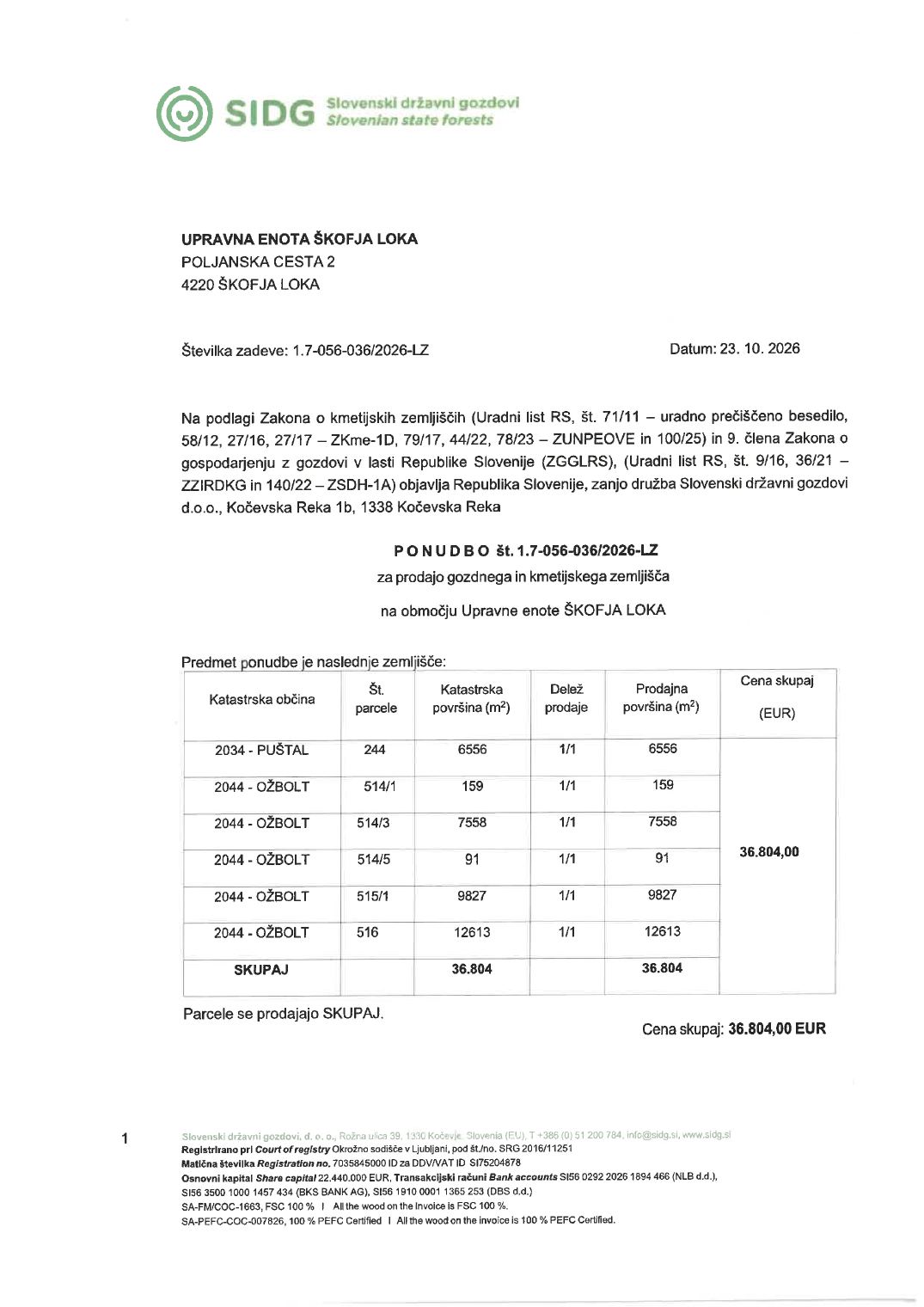 Prva stran objavljene ponudbe, kot jo je oddal prodajalec upravni enoti.