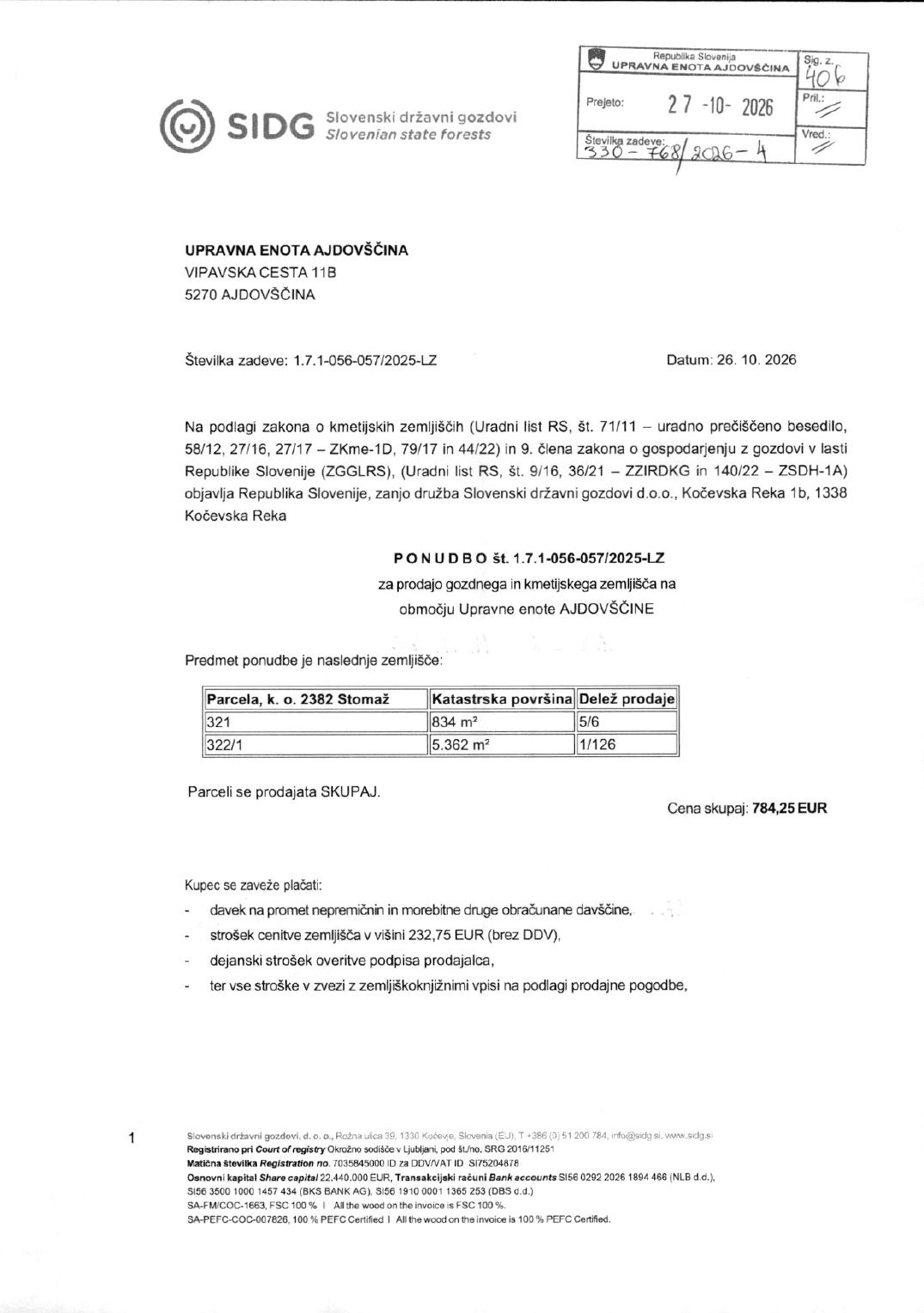 Prva stran objavljene ponudbe, kot jo je oddal prodajalec upravni enoti.