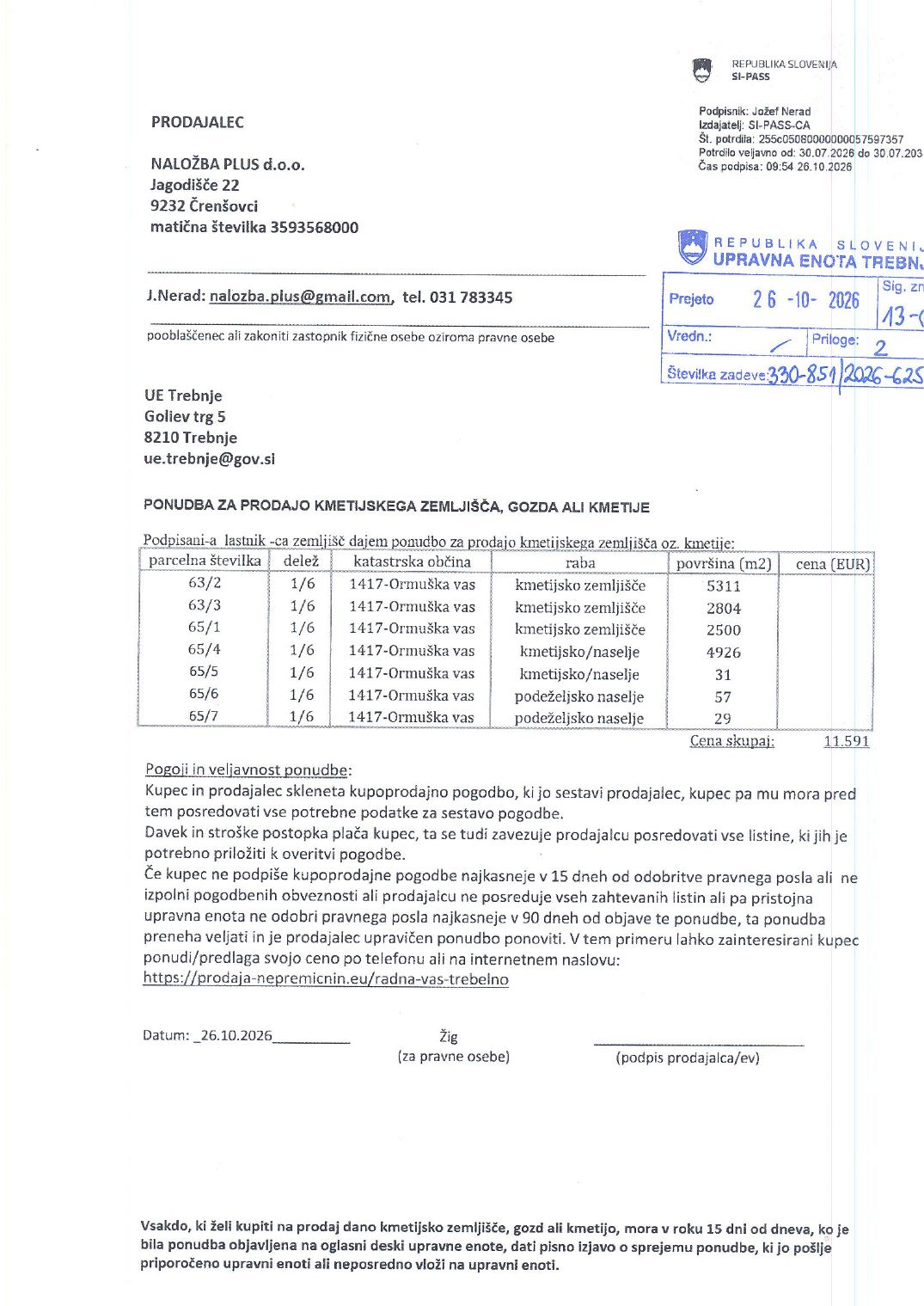 Prva stran objavljene ponudbe, kot jo je oddal prodajalec upravni enoti.