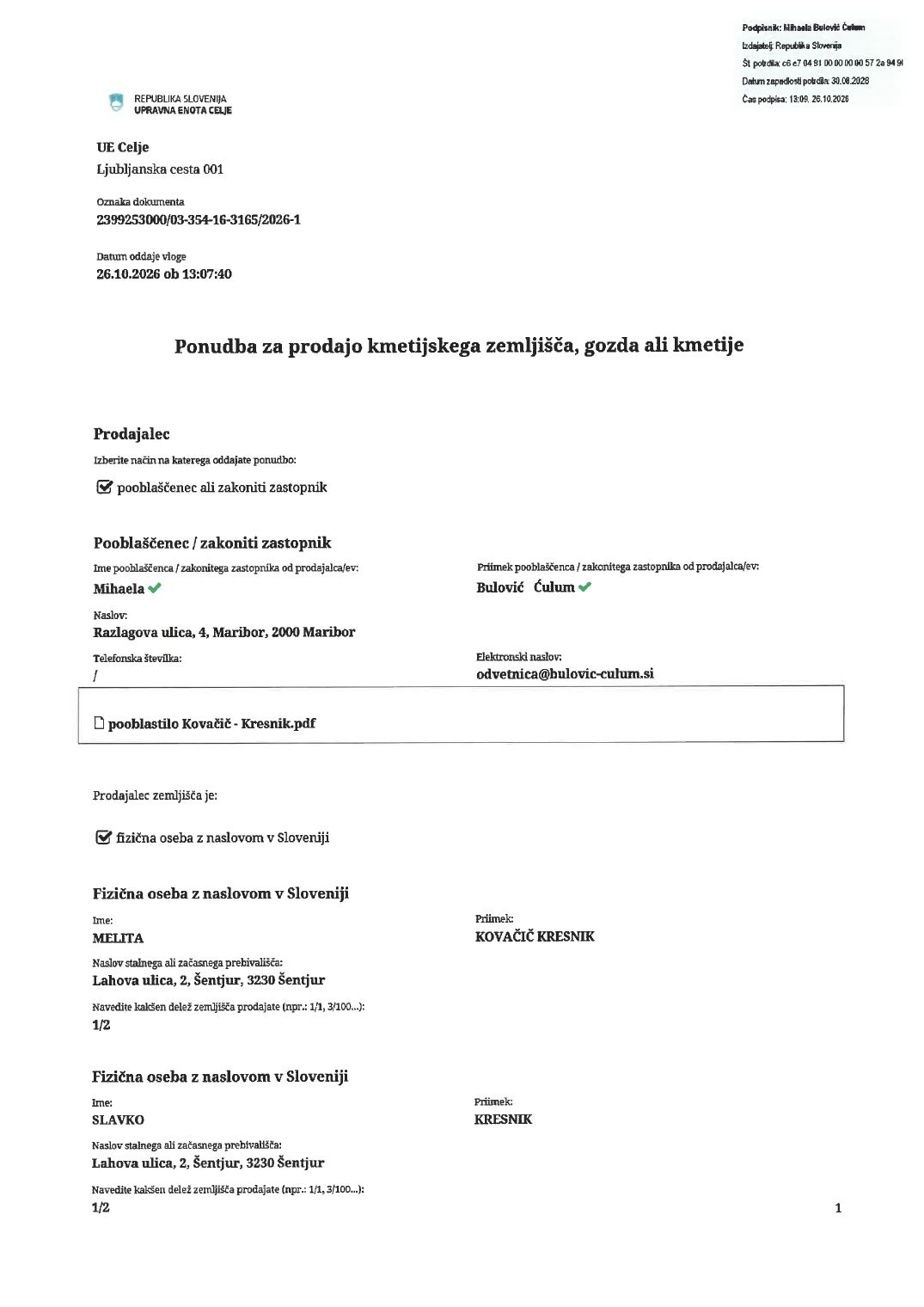 Prva stran objavljene ponudbe, kot jo je oddal prodajalec upravni enoti.