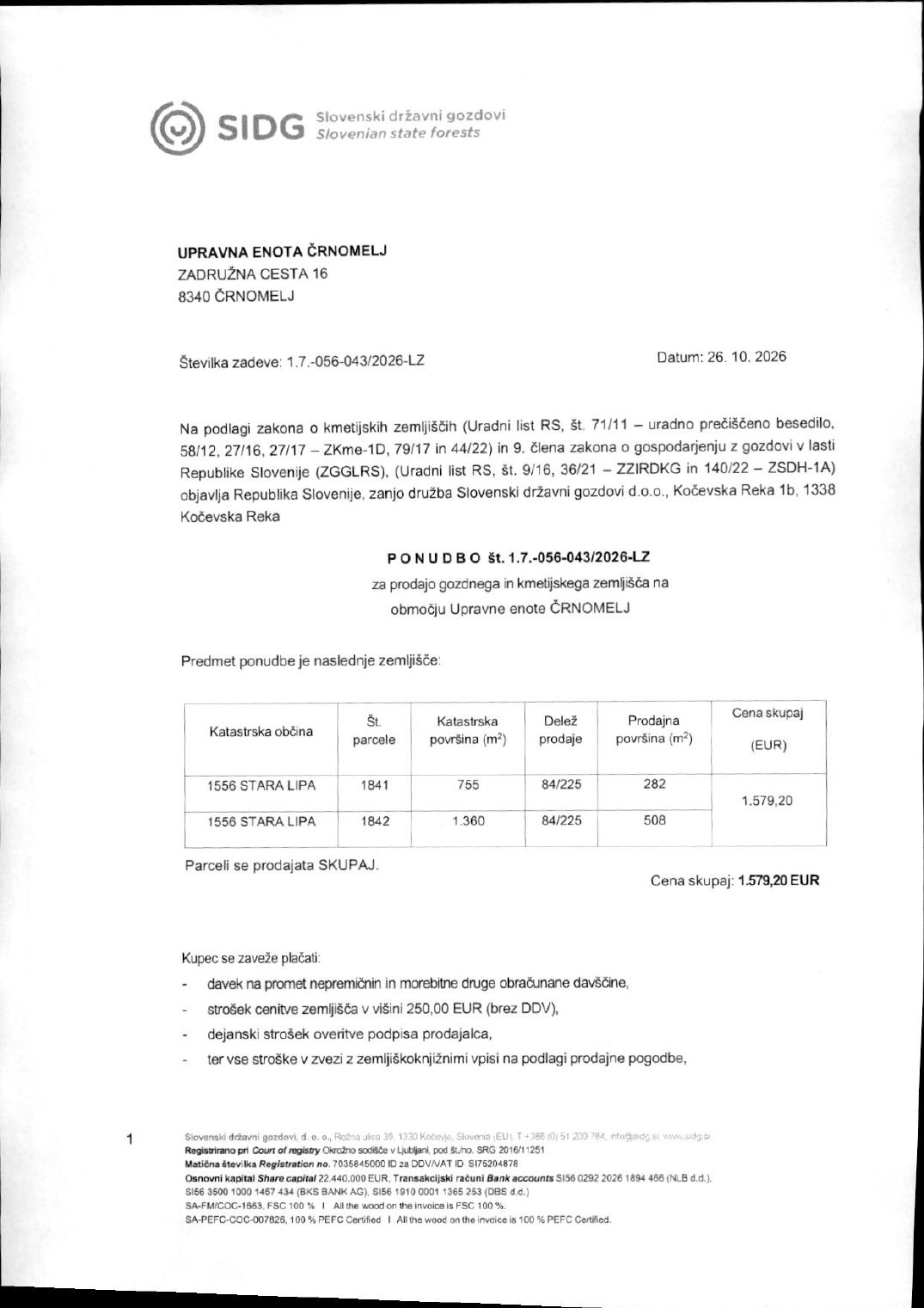 Prva stran objavljene ponudbe, kot jo je oddal prodajalec upravni enoti.
