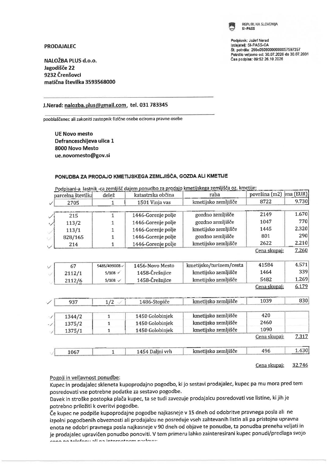 Prva stran objavljene ponudbe, kot jo je oddal prodajalec upravni enoti.