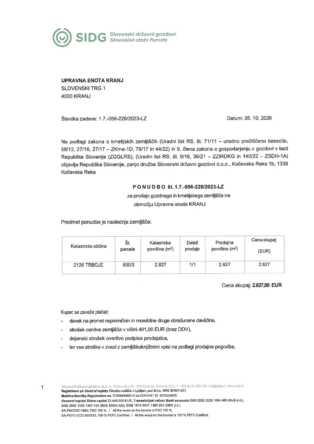Prva stran objavljene ponudbe, kot jo je oddal prodajalec upravni enoti.