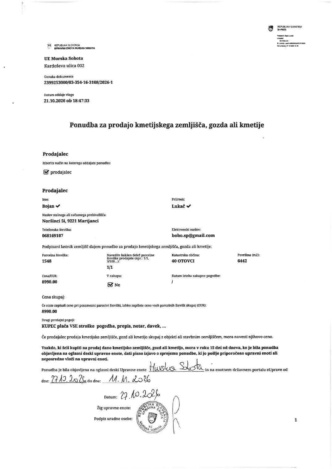 Prva stran objavljene ponudbe, kot jo je oddal prodajalec upravni enoti.