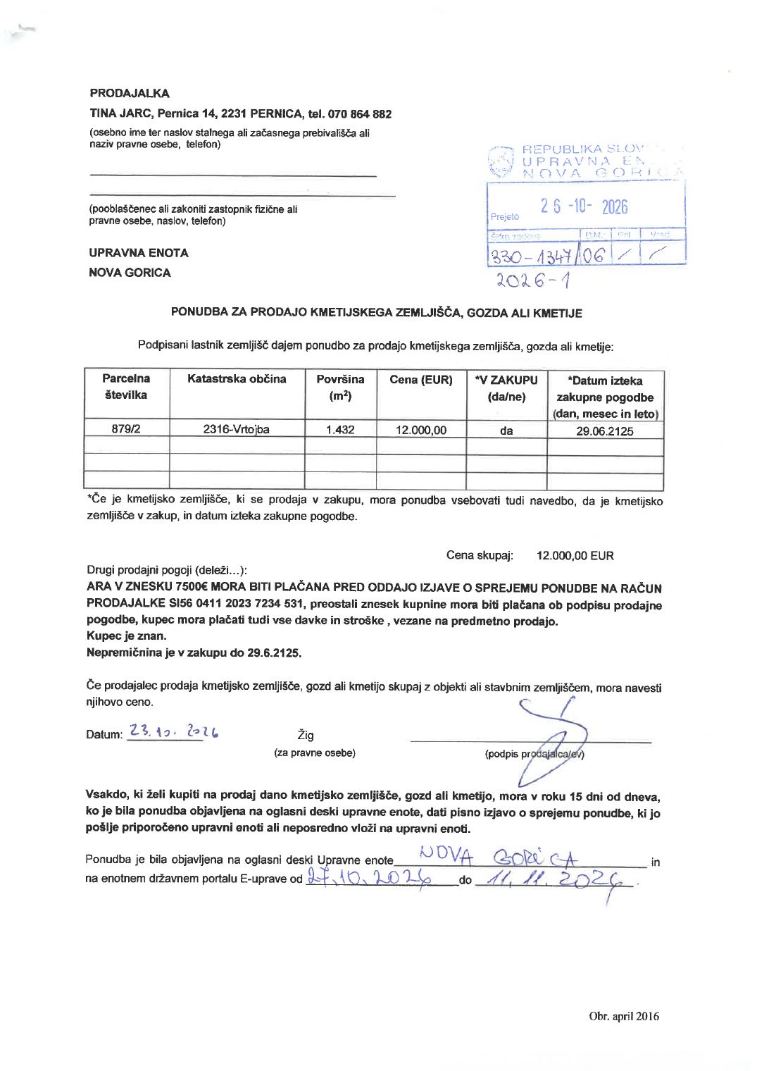 Prva stran objavljene ponudbe, kot jo je oddal prodajalec upravni enoti.