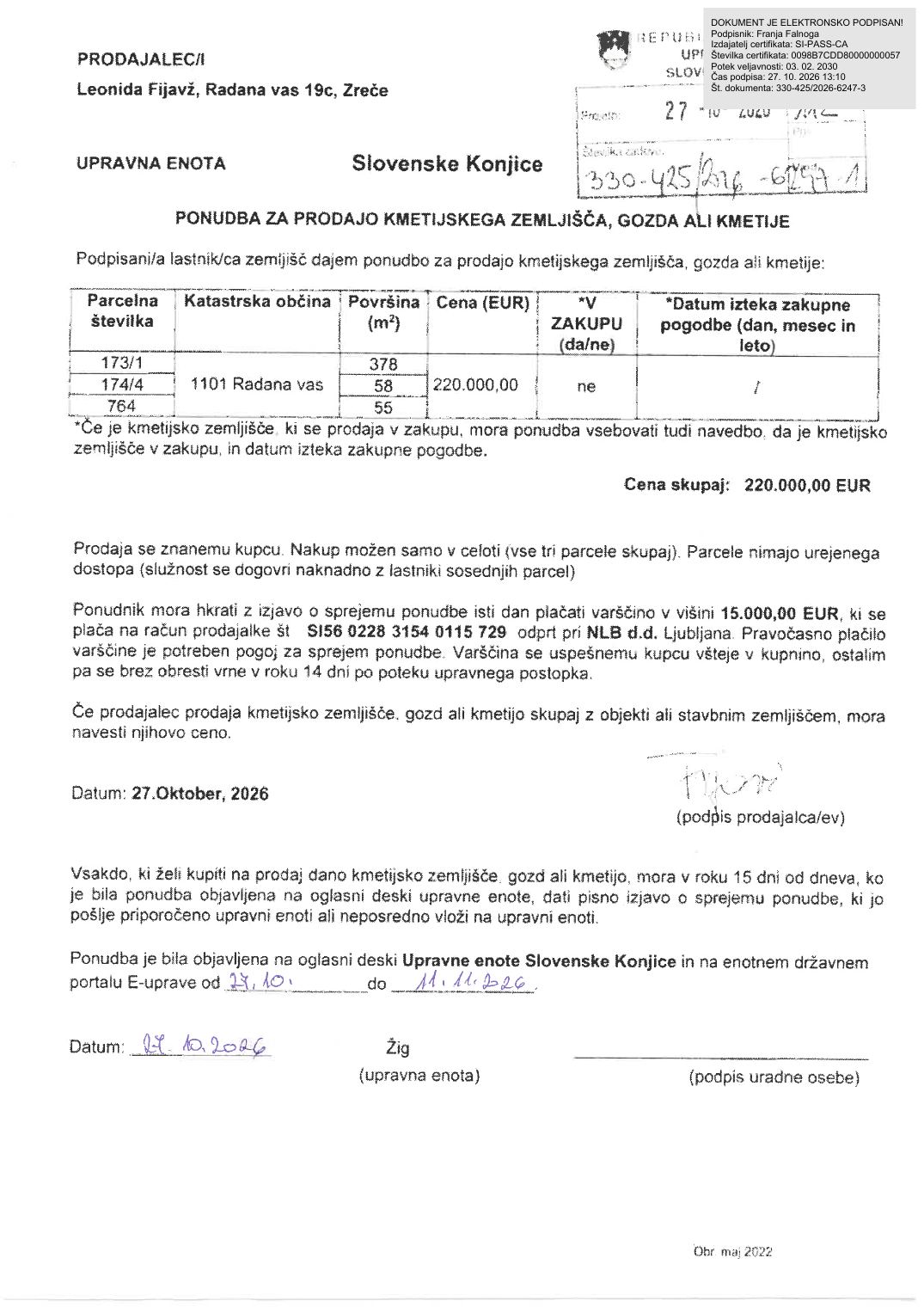 Prva stran objavljene ponudbe, kot jo je oddal prodajalec upravni enoti.