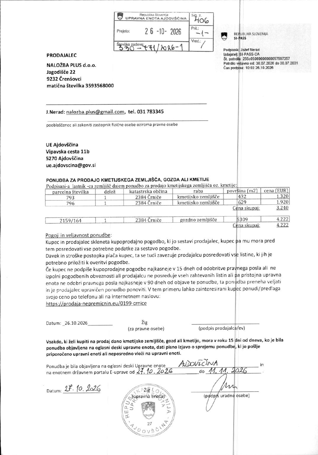 Prva stran objavljene ponudbe, kot jo je oddal prodajalec upravni enoti.
