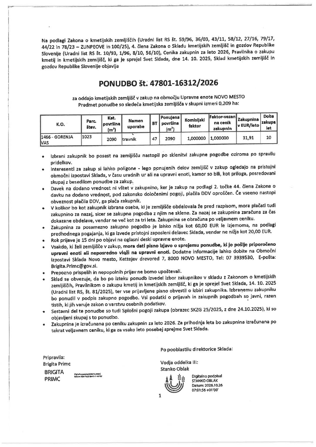 Prva stran objavljene ponudbe, kot jo je oddal prodajalec upravni enoti.