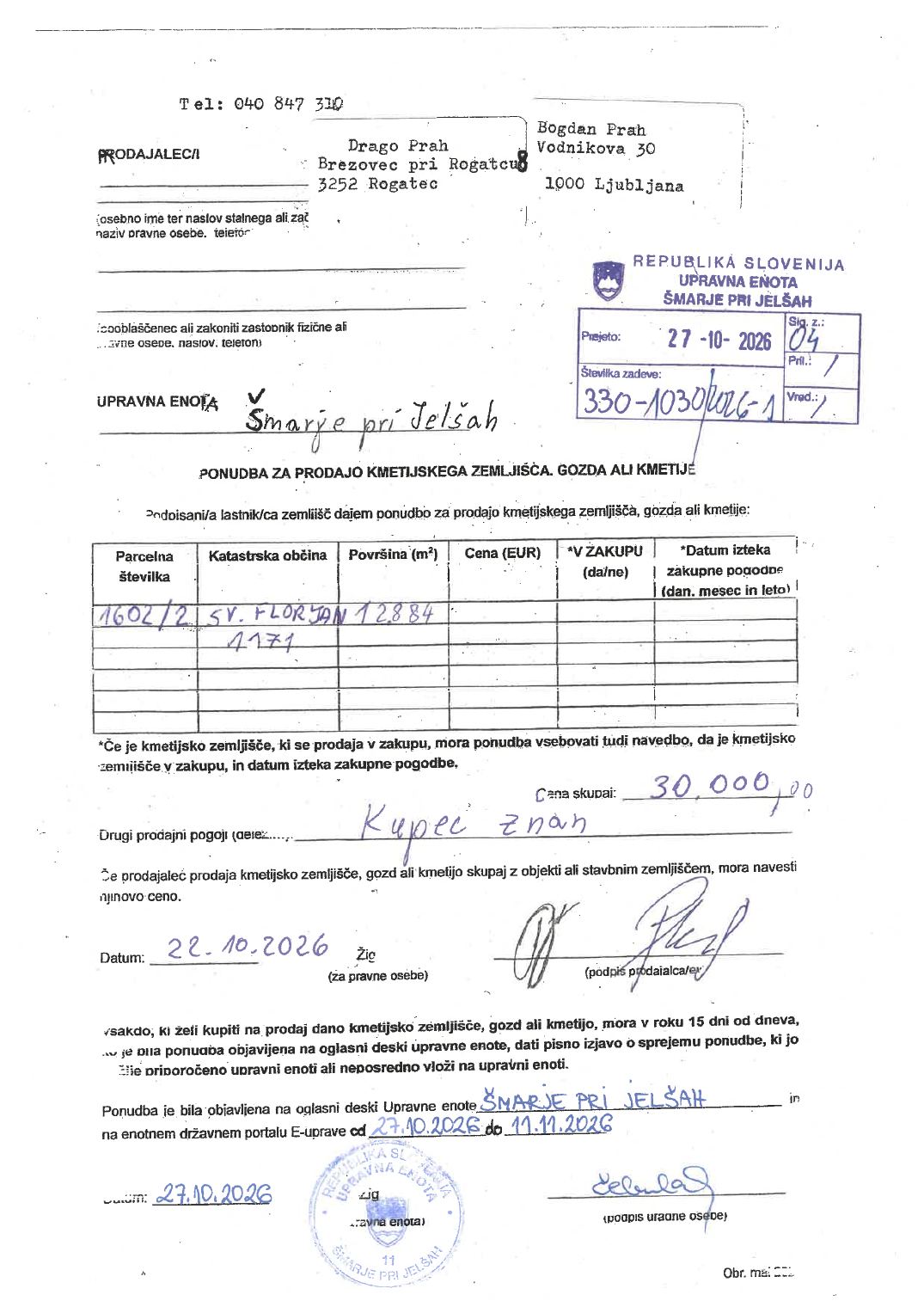 Prva stran objavljene ponudbe, kot jo je oddal prodajalec upravni enoti.