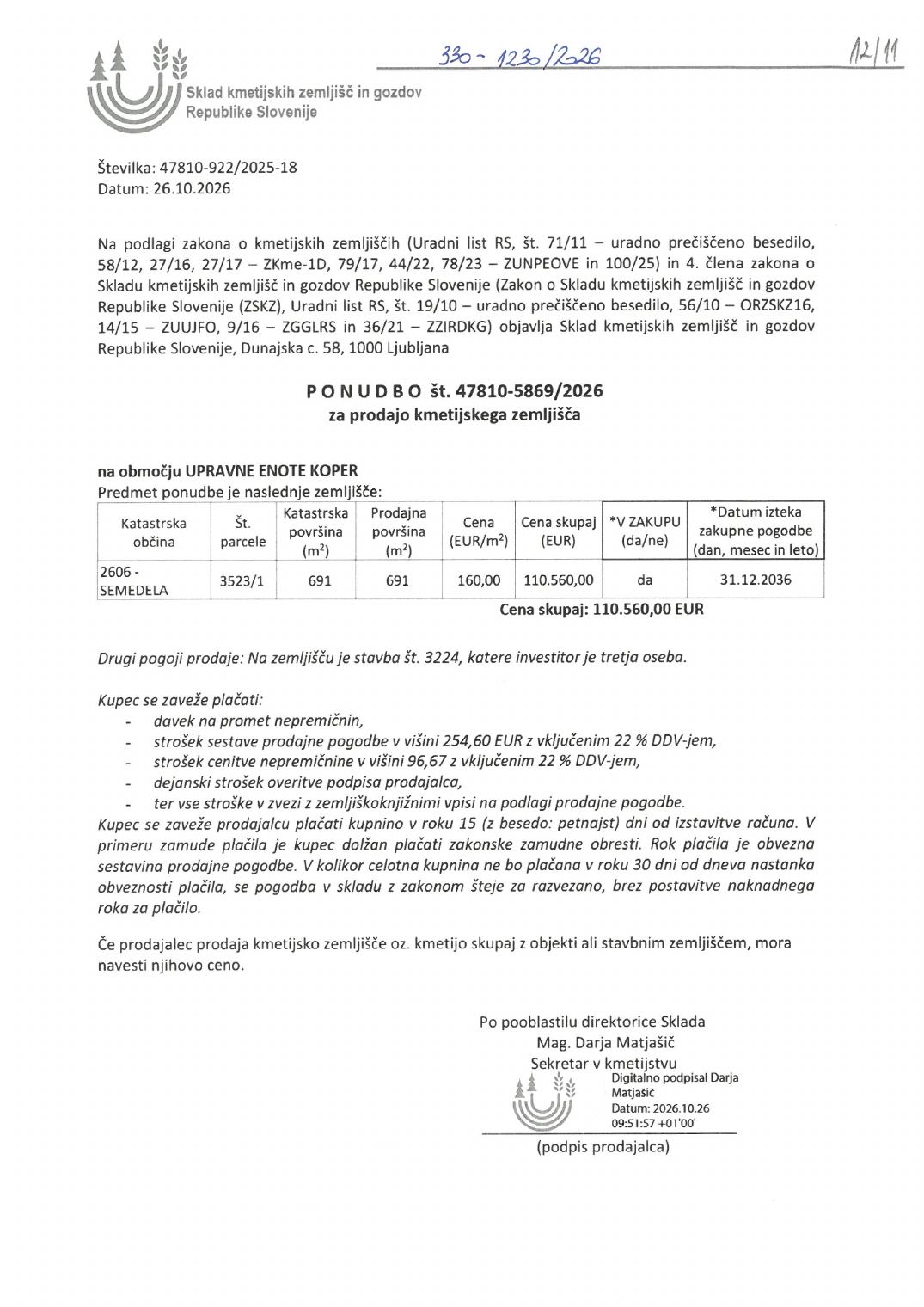 Prva stran objavljene ponudbe, kot jo je oddal prodajalec upravni enoti.