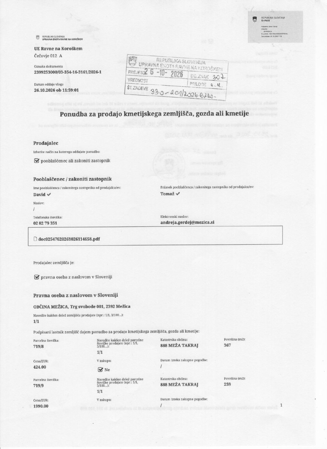 Prva stran objavljene ponudbe, kot jo je oddal prodajalec upravni enoti.
