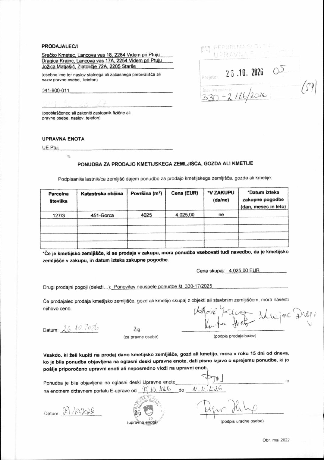 Prva stran objavljene ponudbe, kot jo je oddal prodajalec upravni enoti.