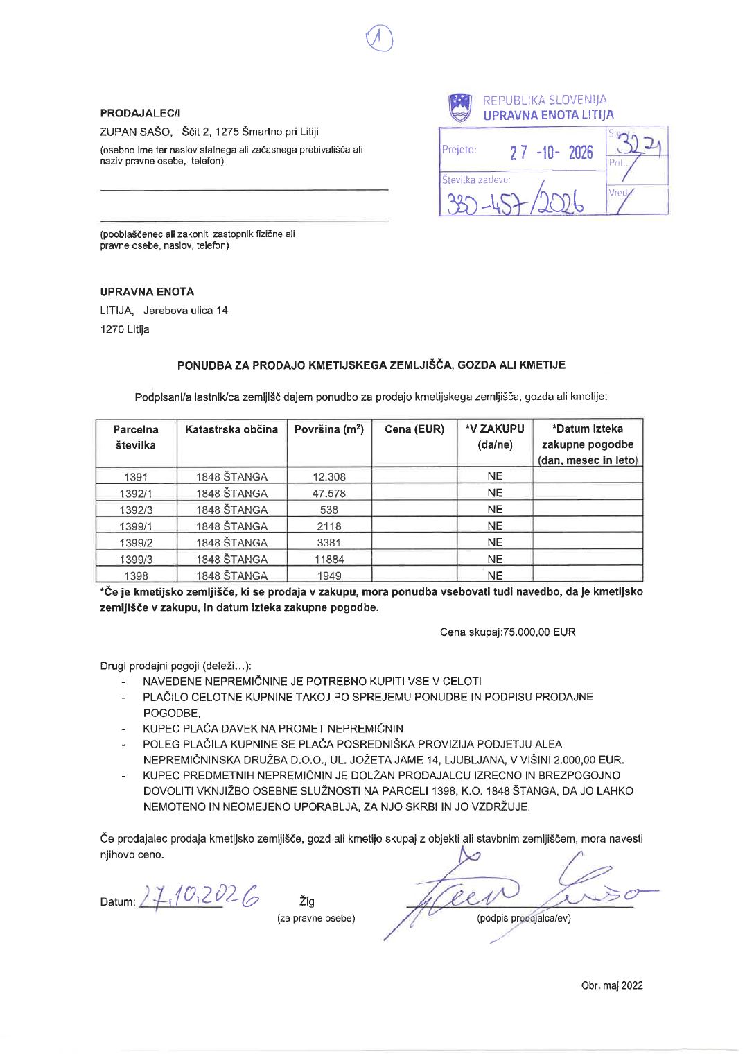 Prva stran objavljene ponudbe, kot jo je oddal prodajalec upravni enoti.