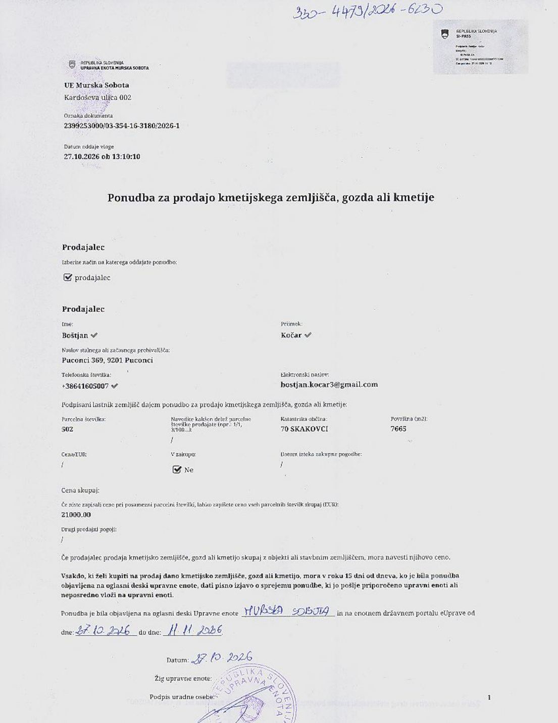 Prva stran objavljene ponudbe, kot jo je oddal prodajalec upravni enoti.