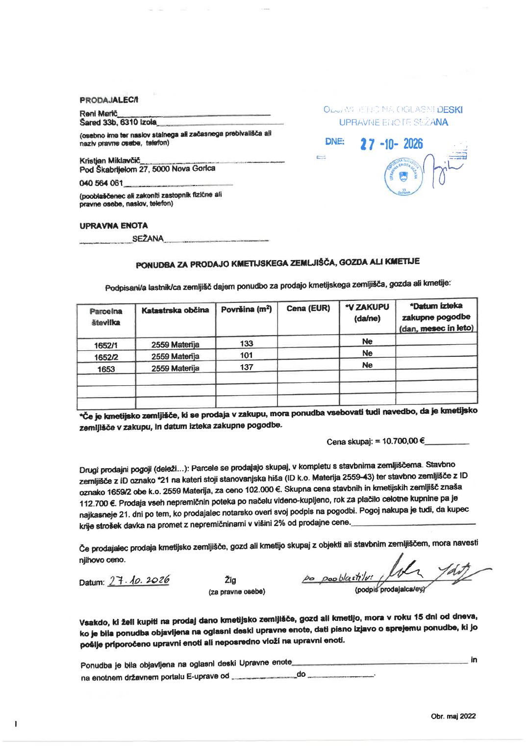 Prva stran objavljene ponudbe, kot jo je oddal prodajalec upravni enoti.