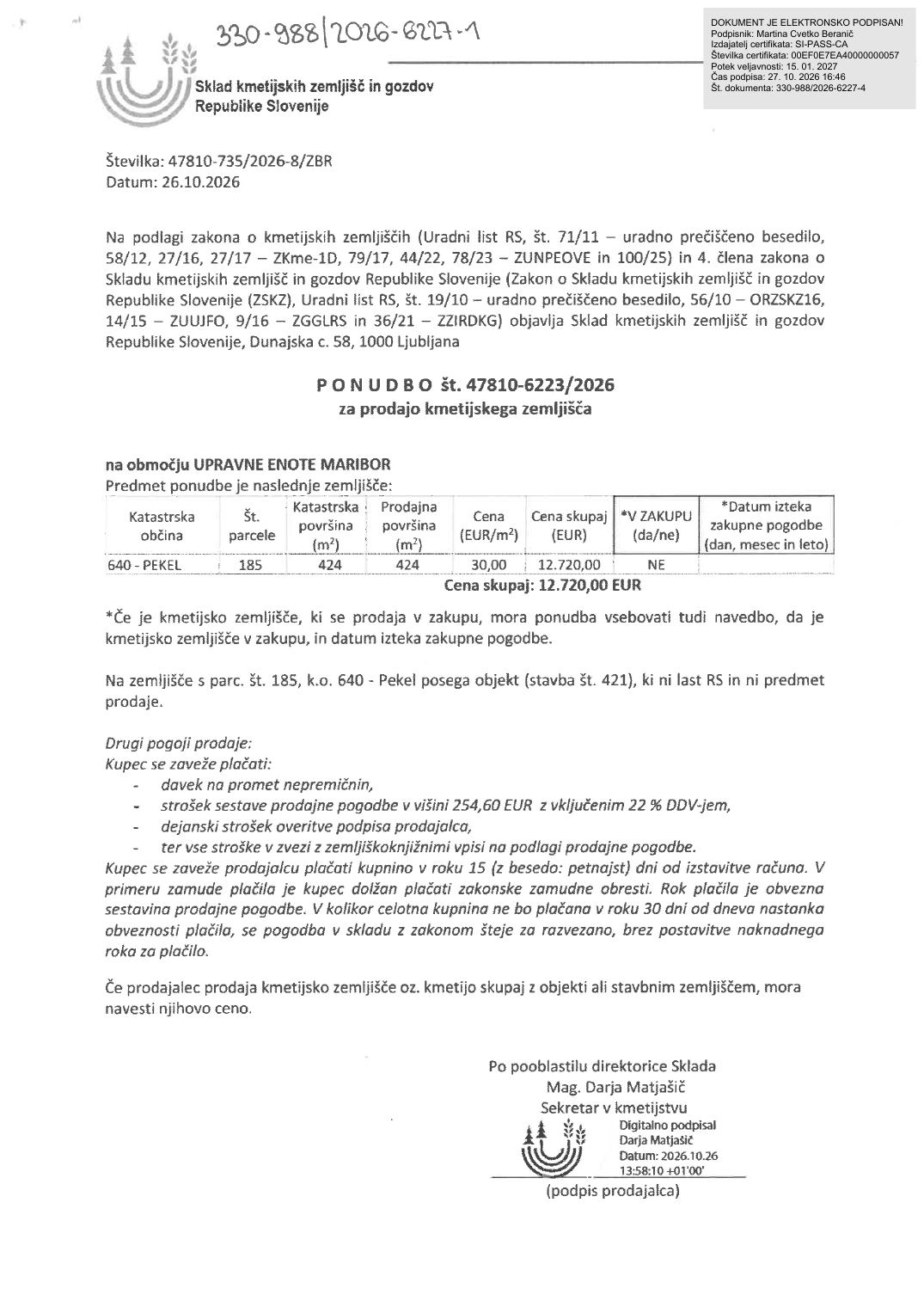 Prva stran objavljene ponudbe, kot jo je oddal prodajalec upravni enoti.