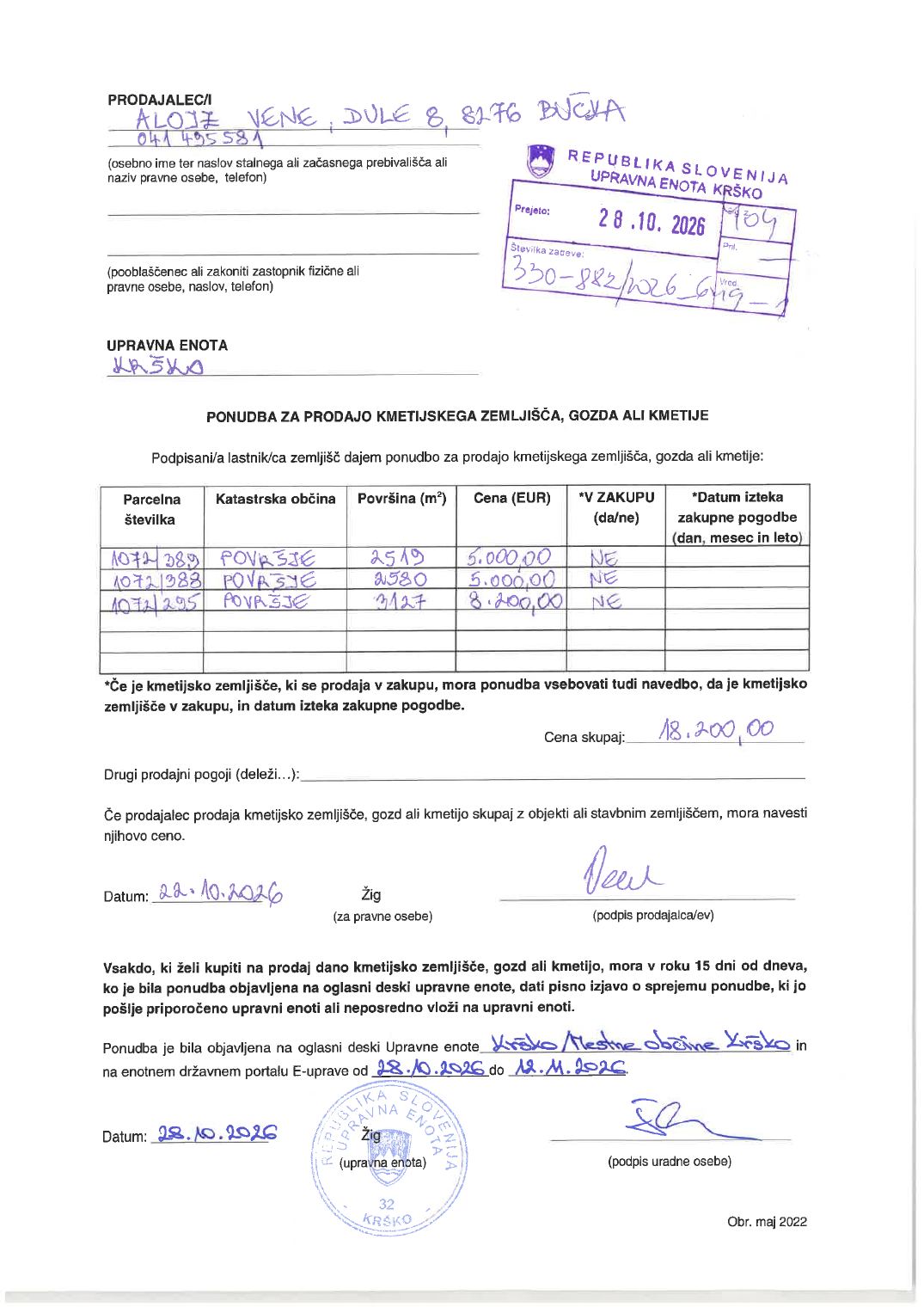 Prva stran objavljene ponudbe, kot jo je oddal prodajalec upravni enoti.