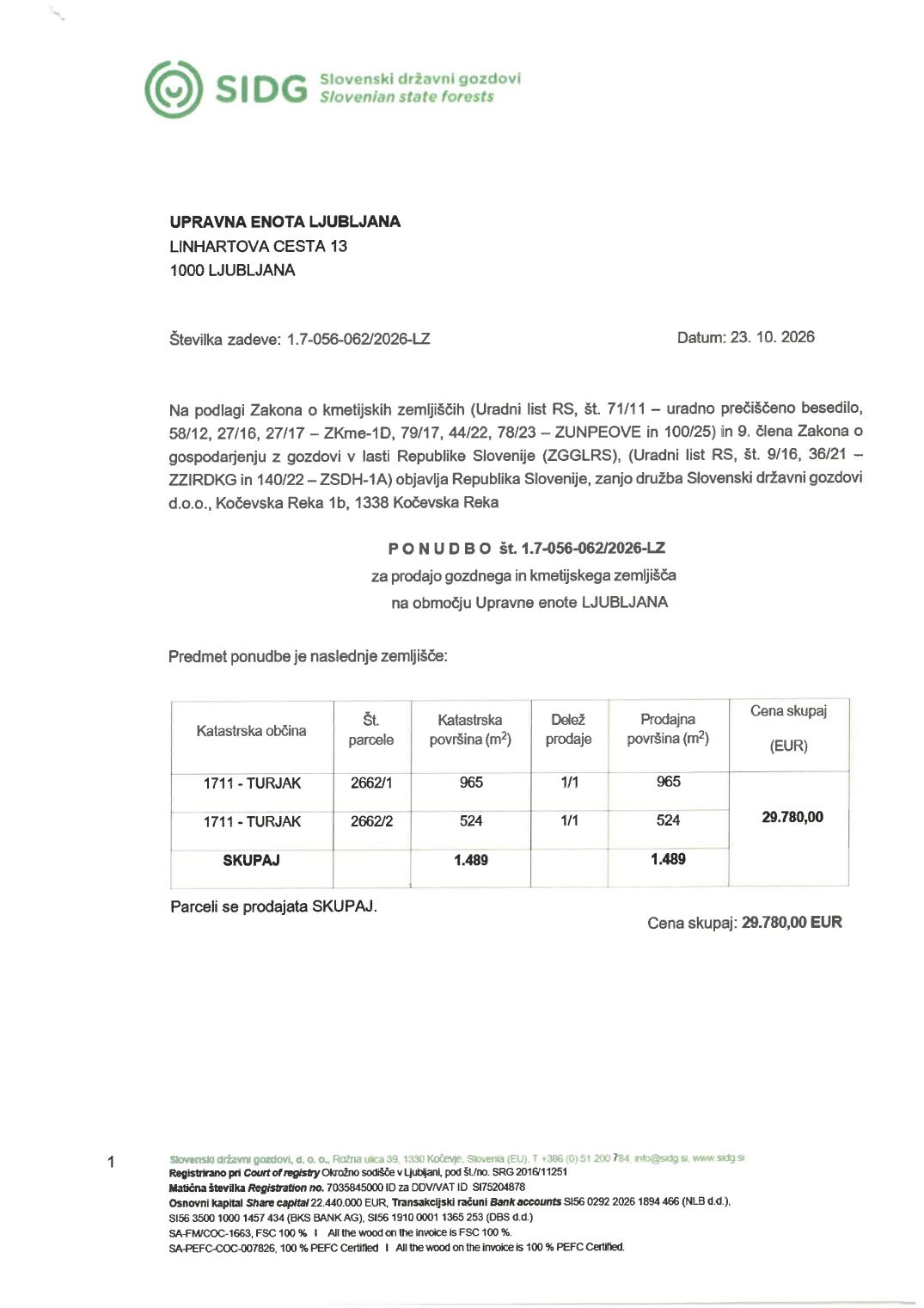 Prva stran objavljene ponudbe, kot jo je oddal prodajalec upravni enoti.