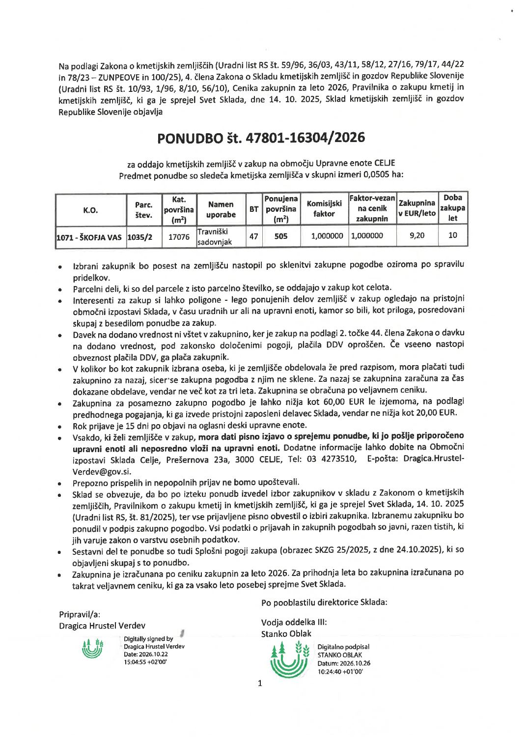 Prva stran objavljene ponudbe, kot jo je oddal prodajalec upravni enoti.