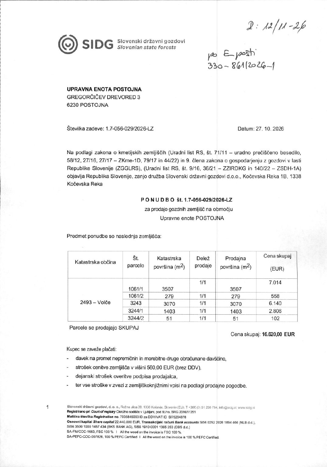 Prva stran objavljene ponudbe, kot jo je oddal prodajalec upravni enoti.