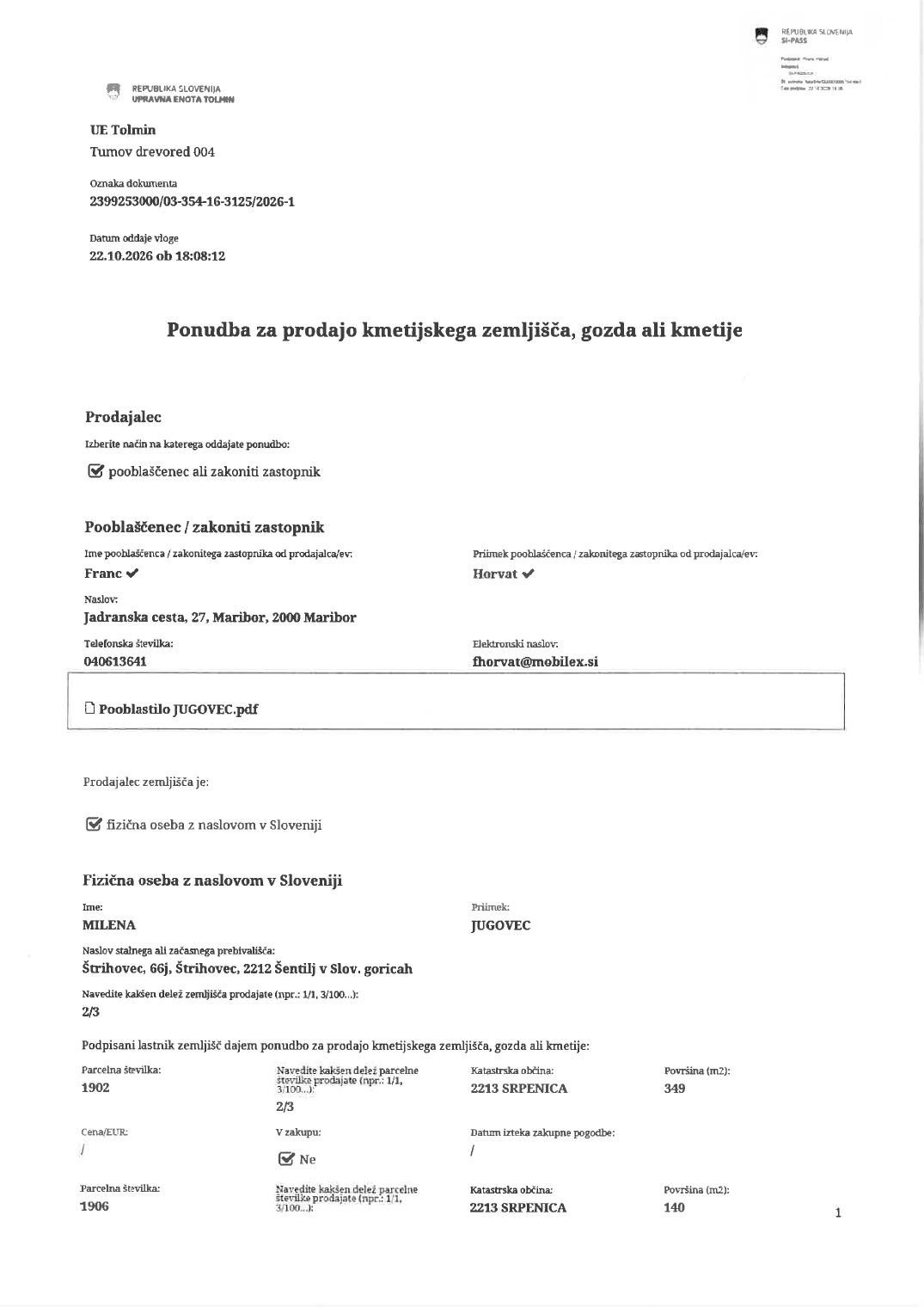 Prva stran objavljene ponudbe, kot jo je oddal prodajalec upravni enoti.