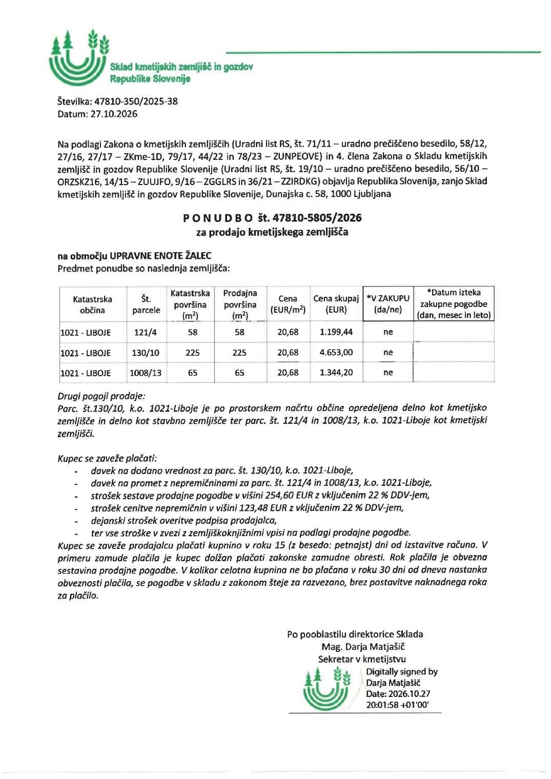 Prva stran objavljene ponudbe, kot jo je oddal prodajalec upravni enoti.