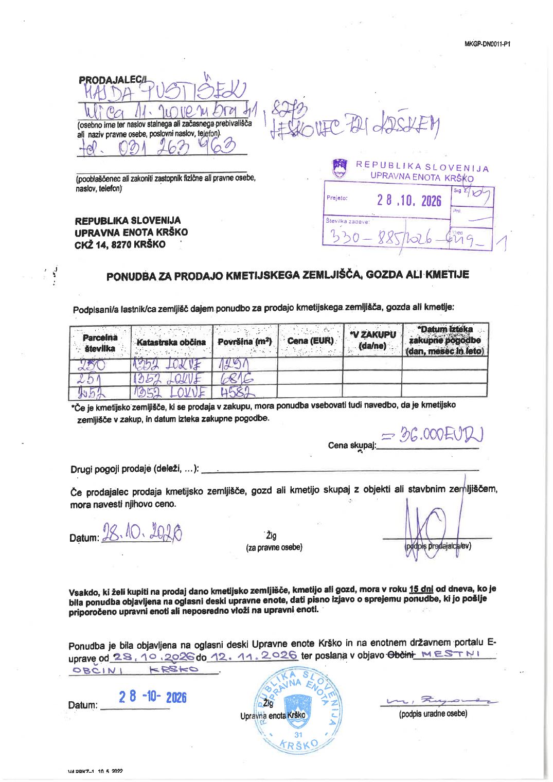 Prva stran objavljene ponudbe, kot jo je oddal prodajalec upravni enoti.