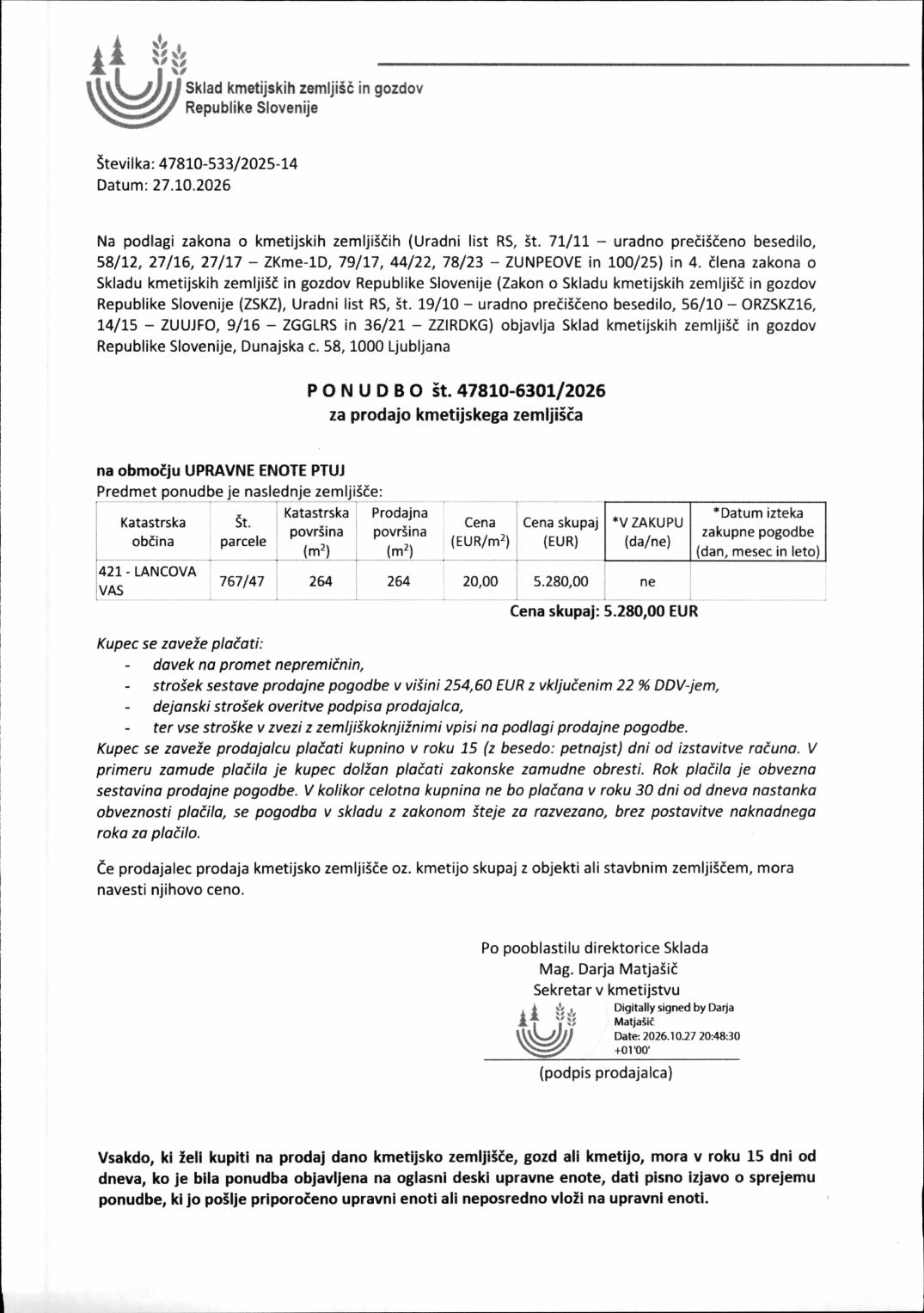 Prva stran objavljene ponudbe, kot jo je oddal prodajalec upravni enoti.