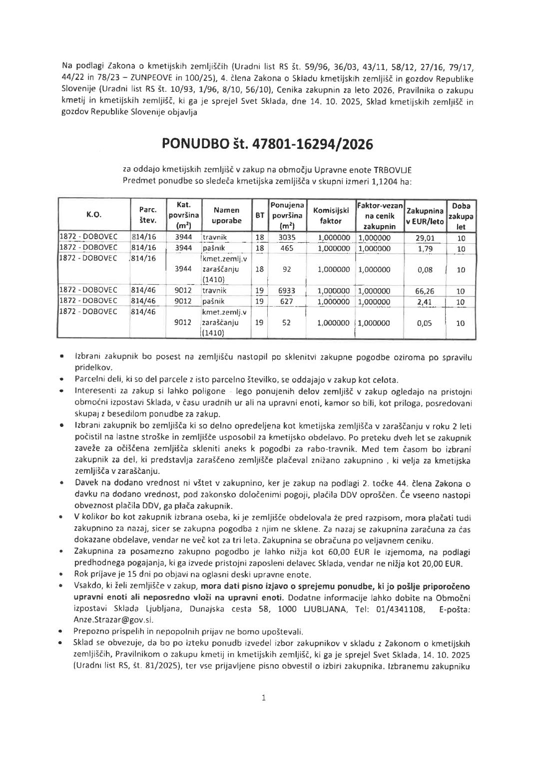 Prva stran objavljene ponudbe, kot jo je oddal prodajalec upravni enoti.